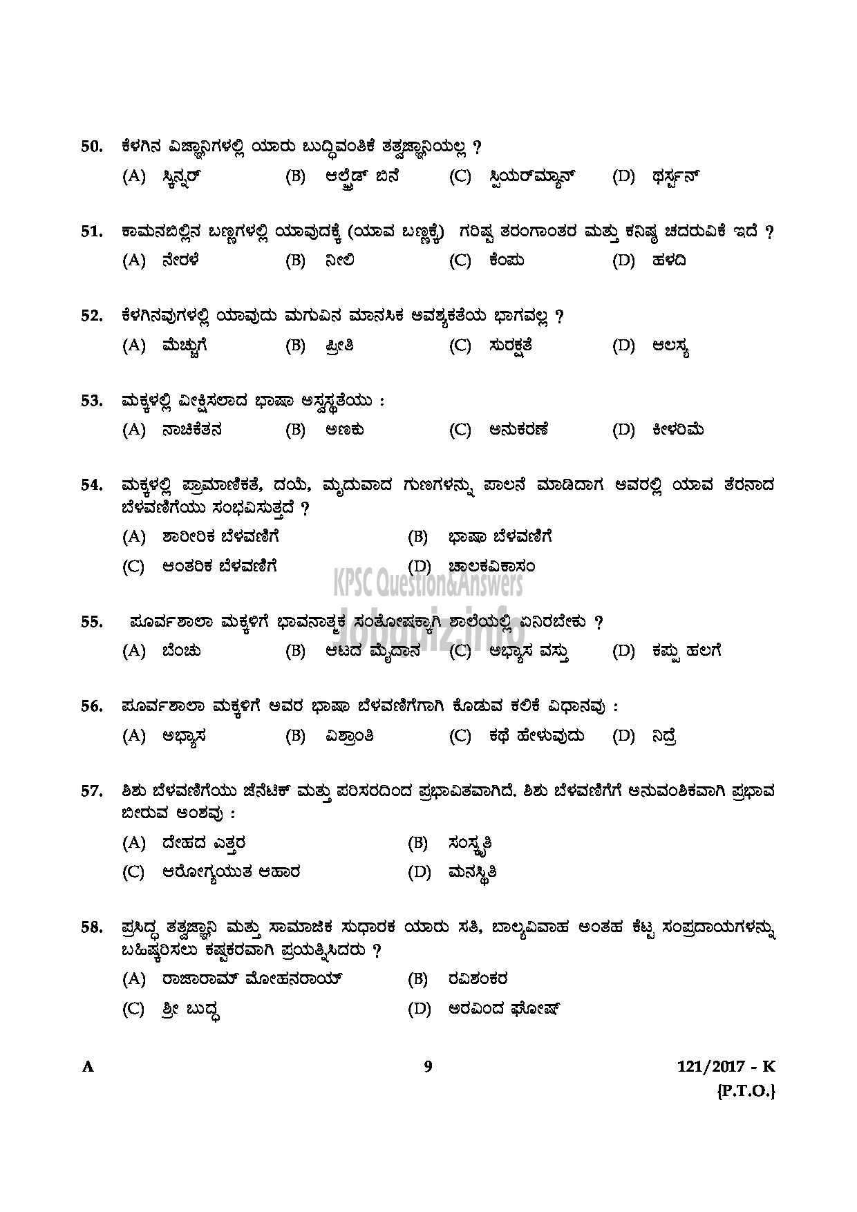 Kerala PSC Question Paper - PRE PRIMARY TEACHER EDUCATION KANNADA-9