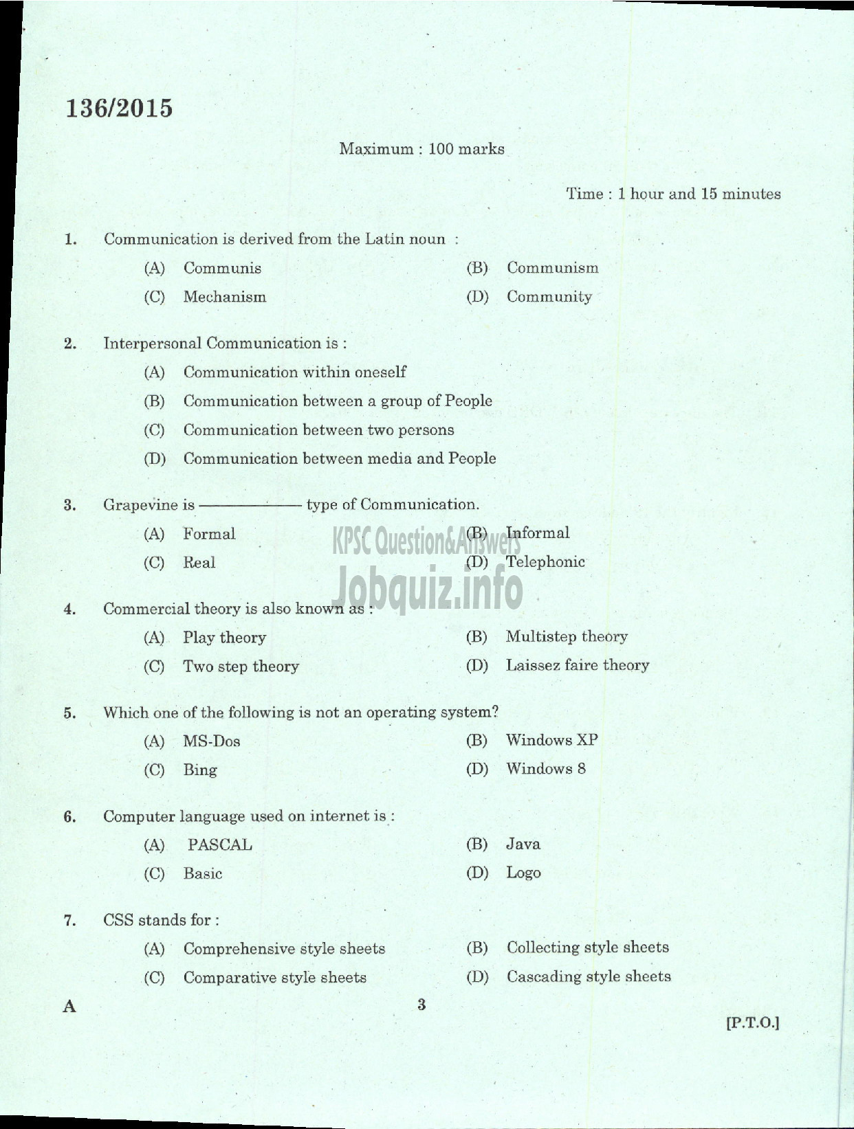 Kerala PSC Question Paper - PRINCIPA INFORMATION OFFICER K W A-1