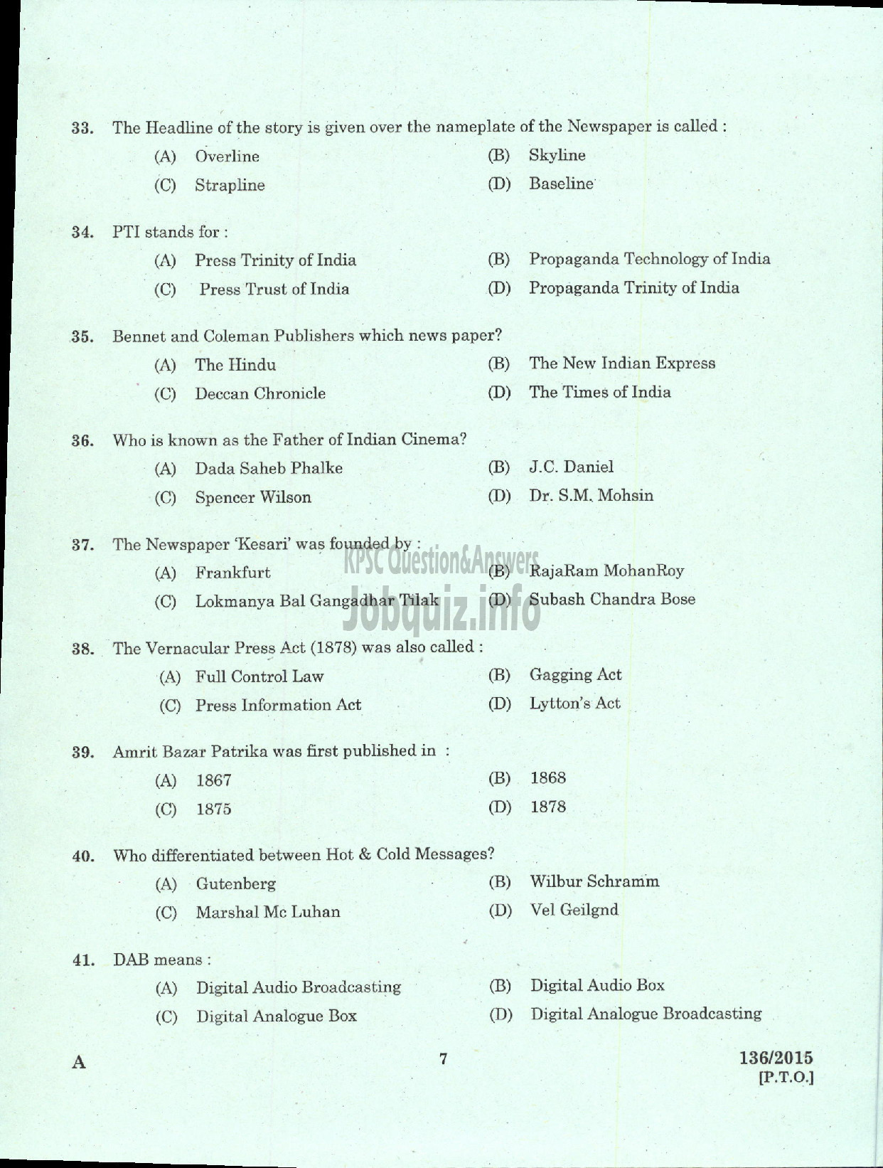 Kerala PSC Question Paper - PRINCIPA INFORMATION OFFICER K W A-5