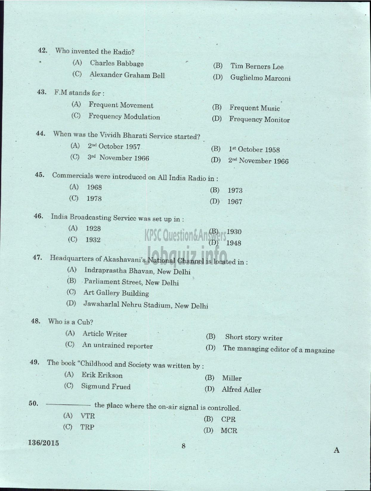 Kerala PSC Question Paper - PRINCIPA INFORMATION OFFICER K W A-6