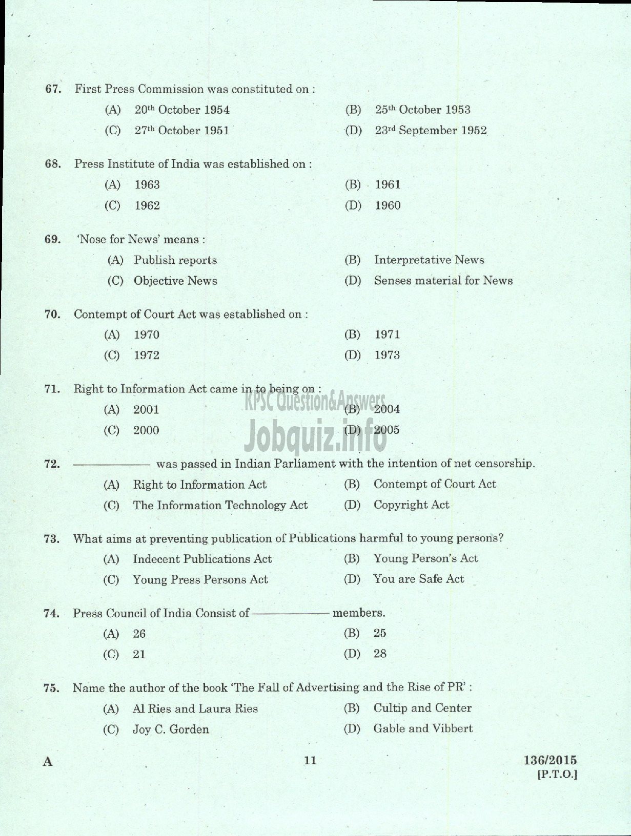 Kerala PSC Question Paper - PRINCIPA INFORMATION OFFICER K W A-9