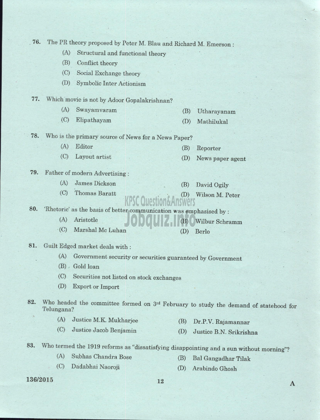 Kerala PSC Question Paper - PRINCIPA INFORMATION OFFICER K W A-10