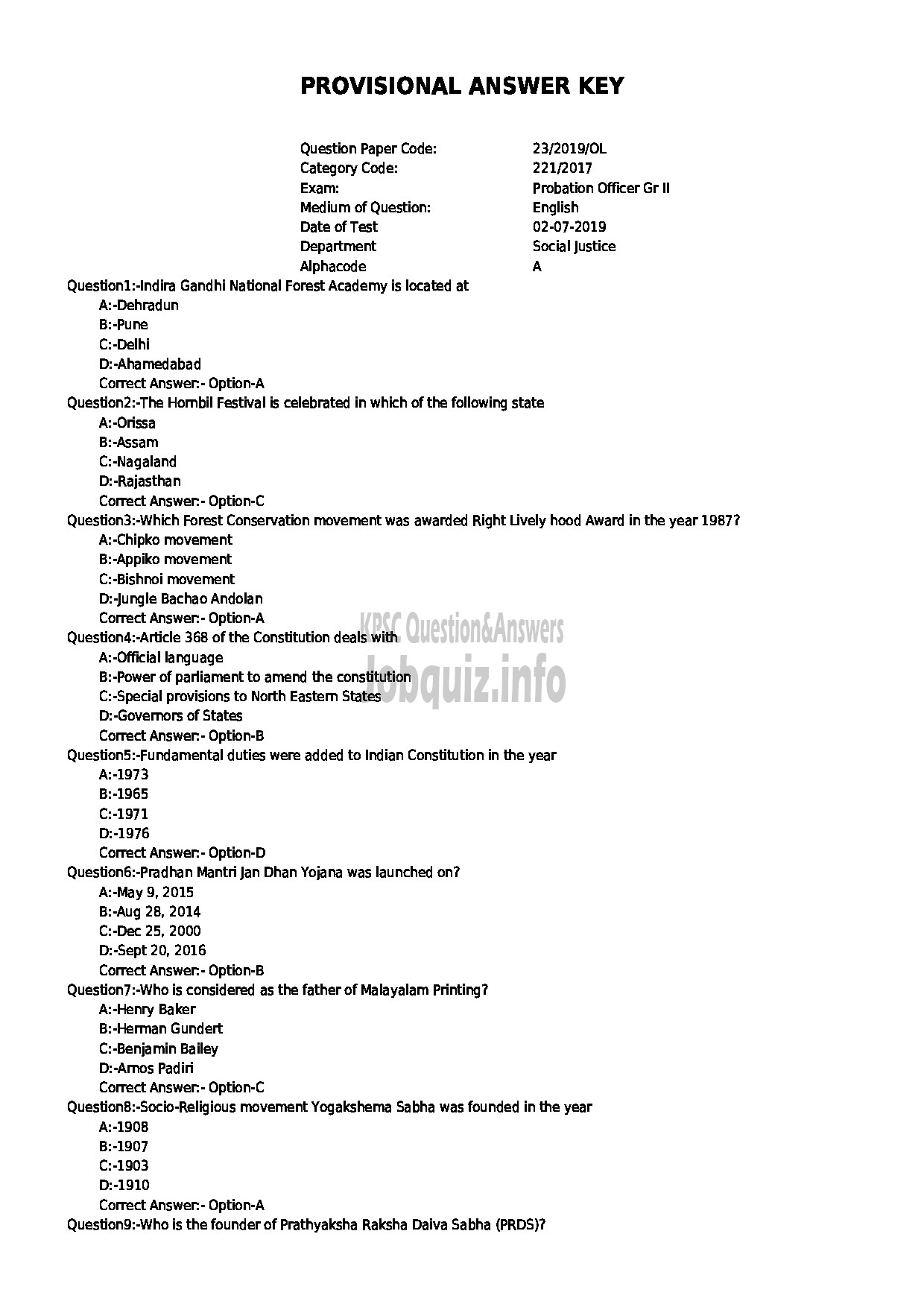 PROBATION OFFICER GR II SOCIAL JUSTICE DEPARTMENT Page 0 Kerala PSC