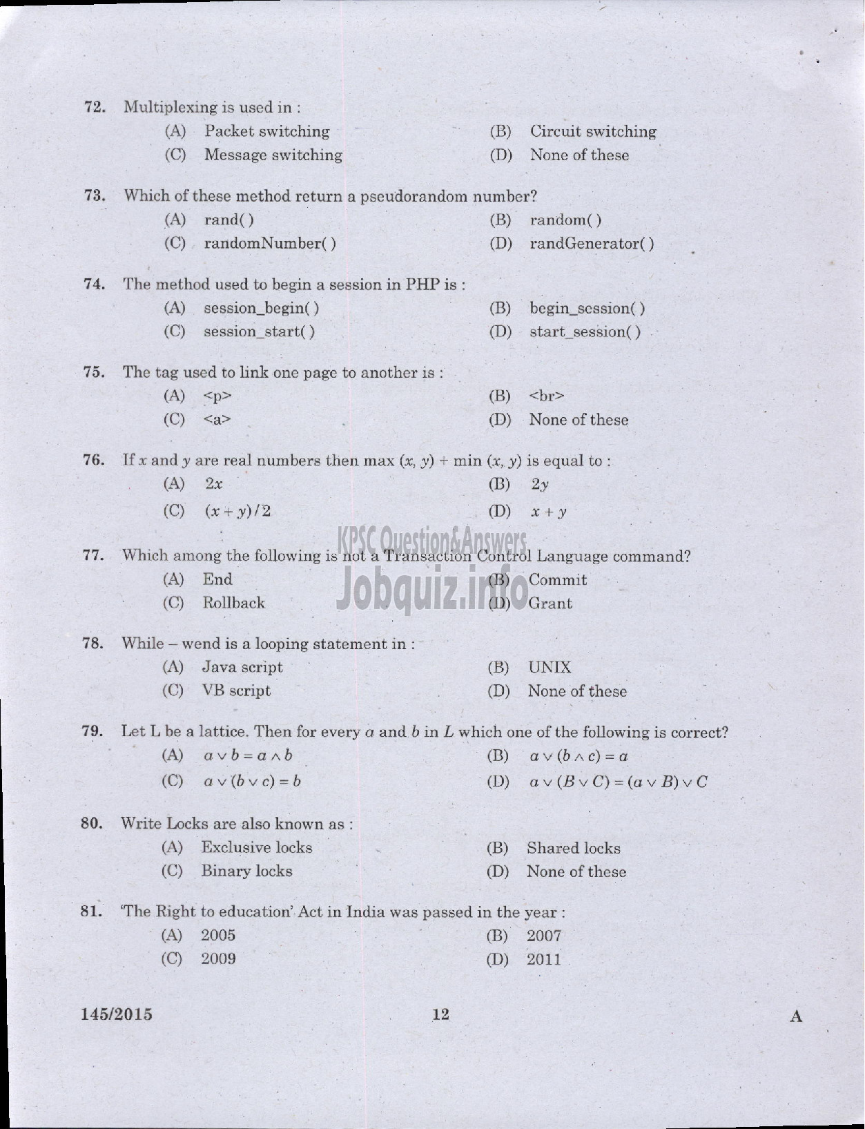 Kerala PSC Question Paper - PROGRAMMER KPSC-10