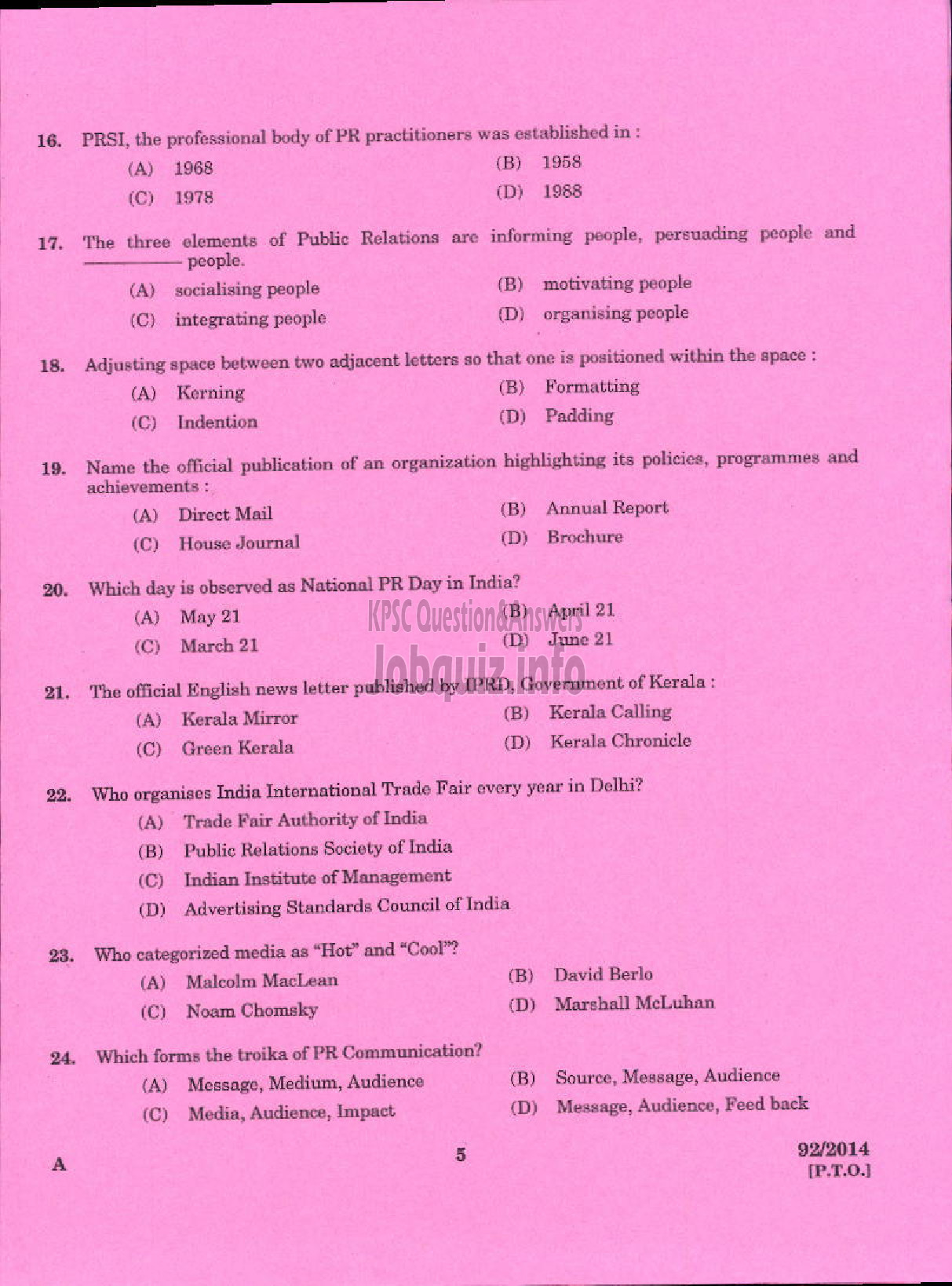 Kerala PSC Question Paper - PUBLIC RELATION OFFICER CO OPERATIVE SECTOR IN KERALA AND KERALA STATE CO OPERTIVE BANK GENERAL AND SOCIETY CATEGORY-3