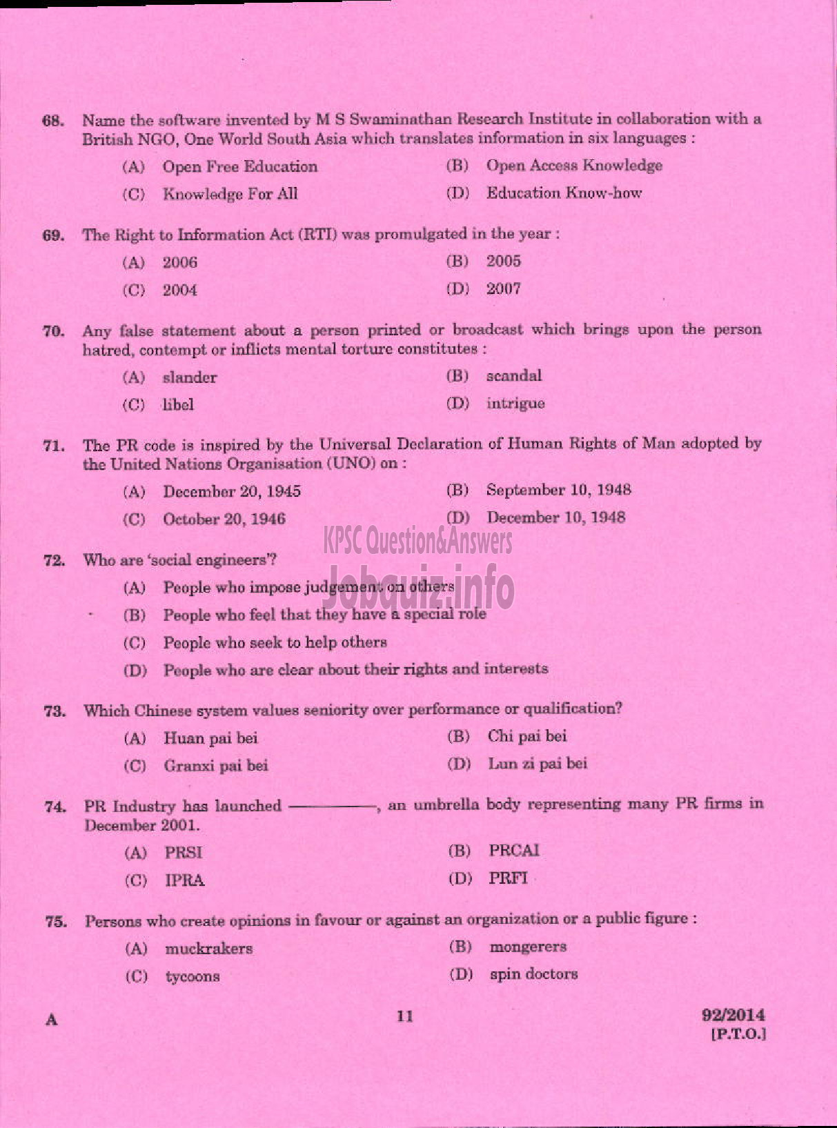Kerala PSC Question Paper - PUBLIC RELATION OFFICER CO OPERATIVE SECTOR IN KERALA AND KERALA STATE CO OPERTIVE BANK GENERAL AND SOCIETY CATEGORY-9