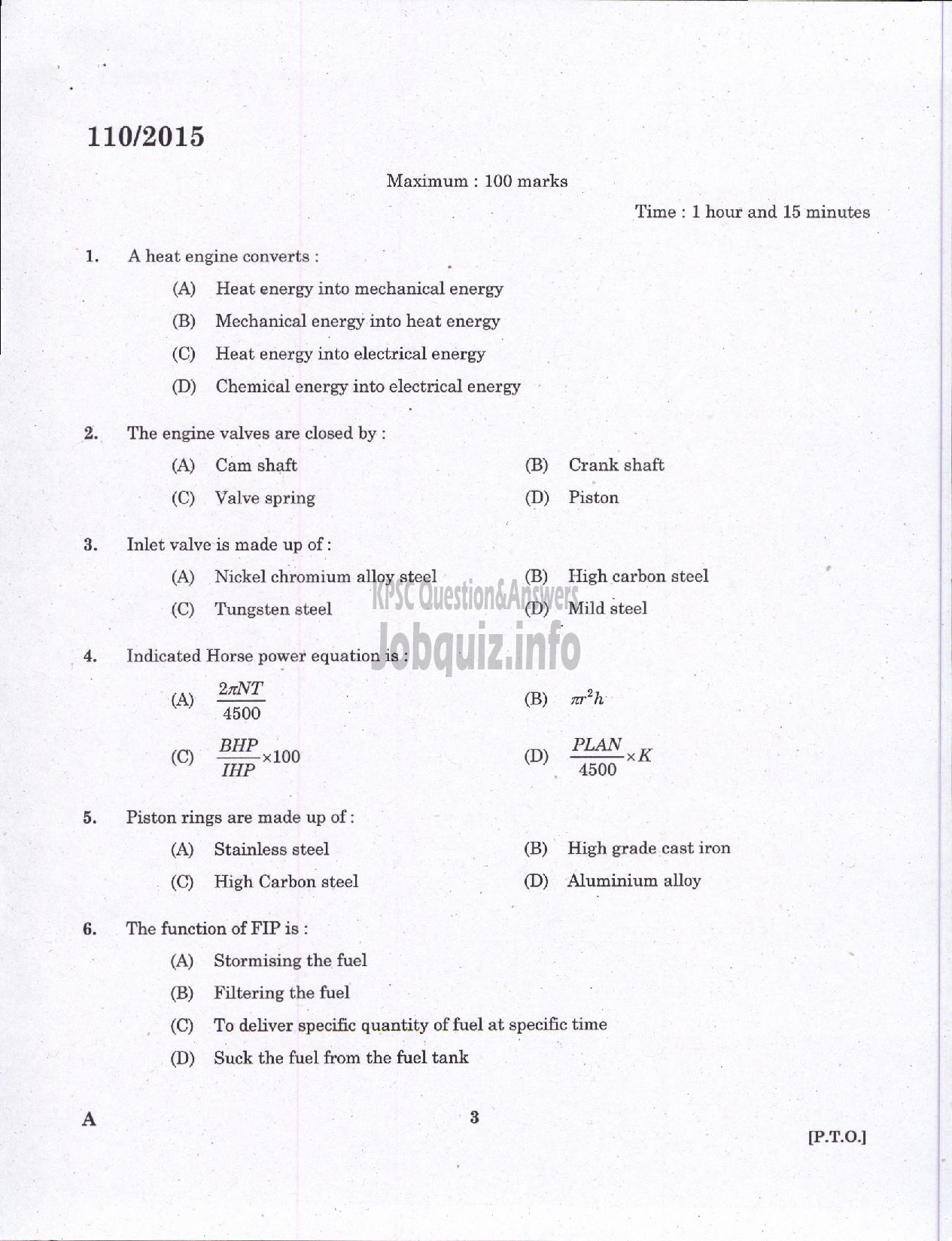 Kerala PSC Question Paper - PUMP OPERATOR GROUND WATER-1
