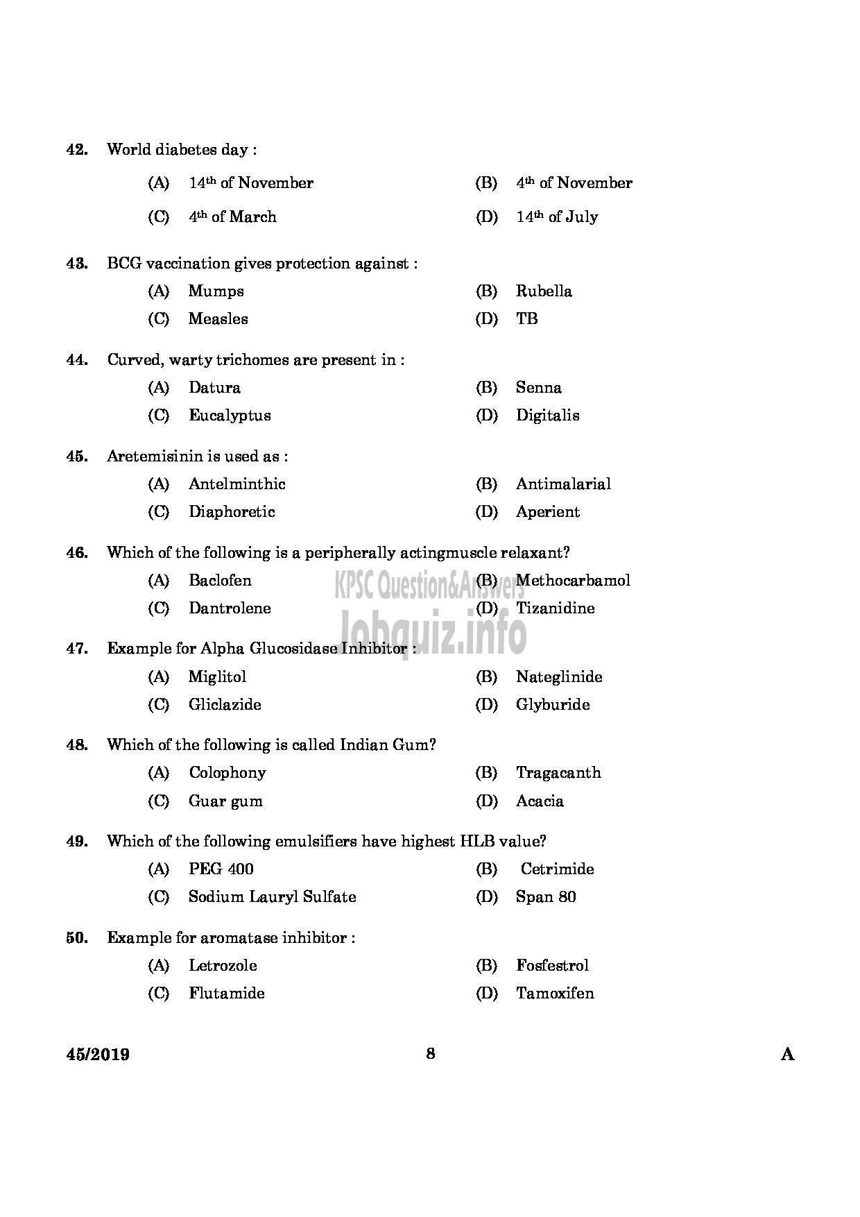 Kerala PSC Question Paper - Pharmacist Gr II Health Services/IMS English -6