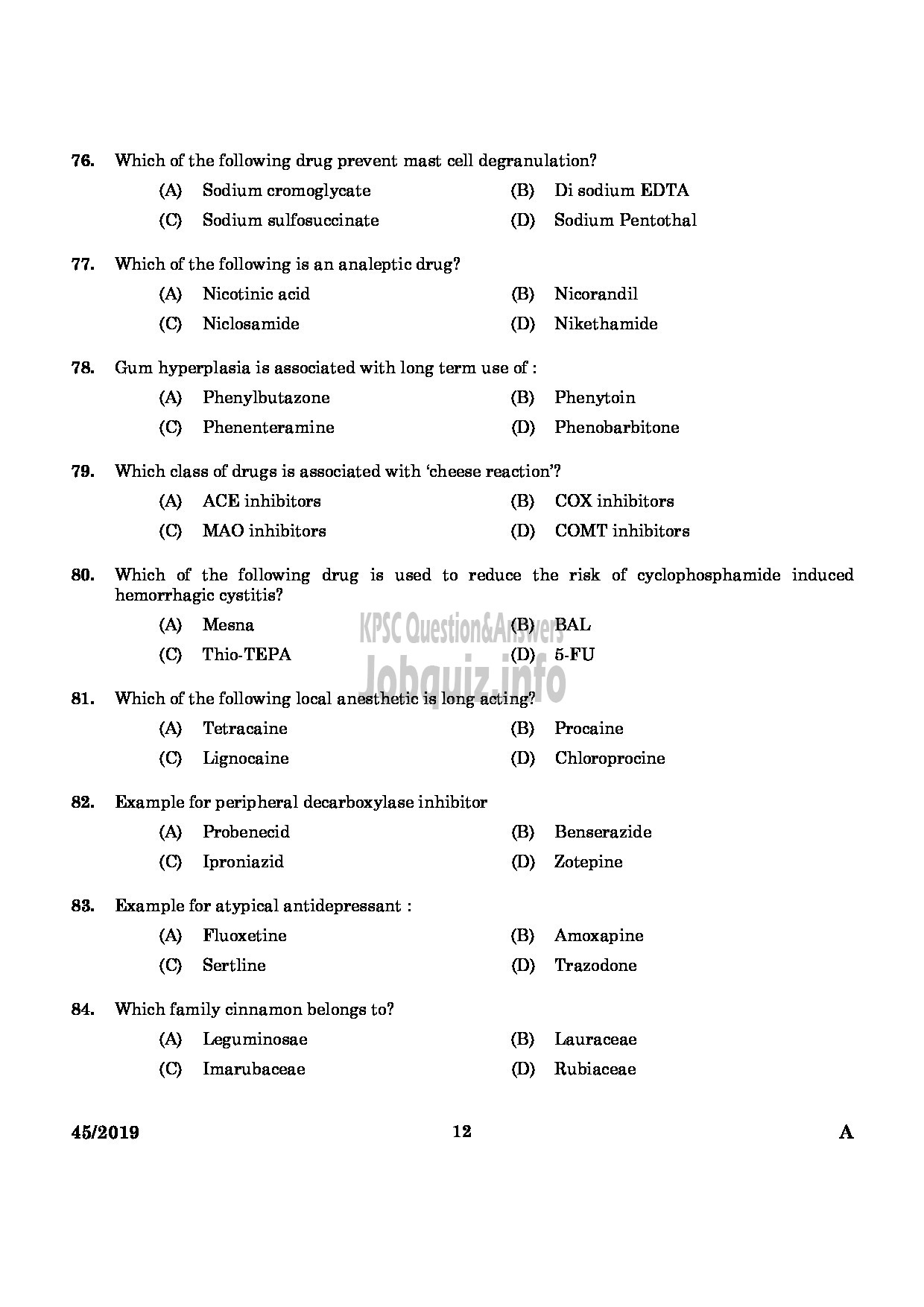 Kerala PSC Question Paper - Pharmacist Gr II Health Services/IMS English -10