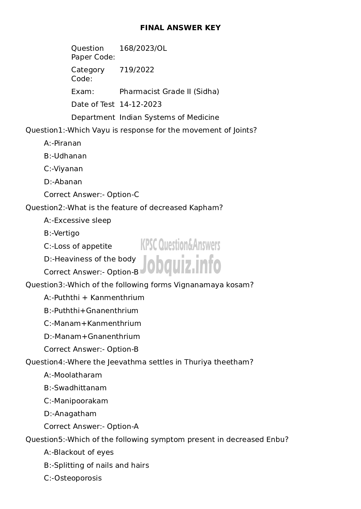 Kerala PSC Question Paper - Pharmacist Grade II (Sidha)-1