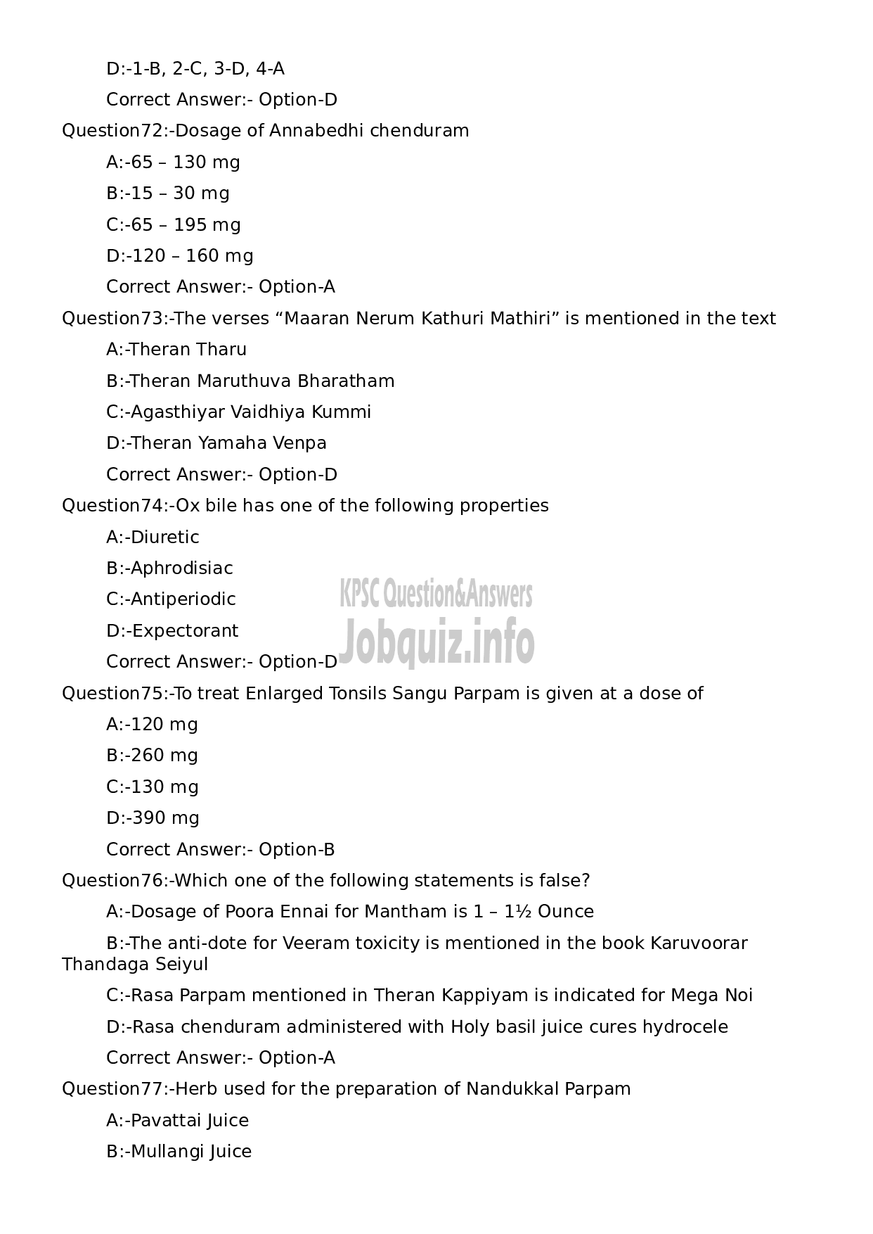 Kerala PSC Question Paper - Pharmacist Grade II (Sidha)-14