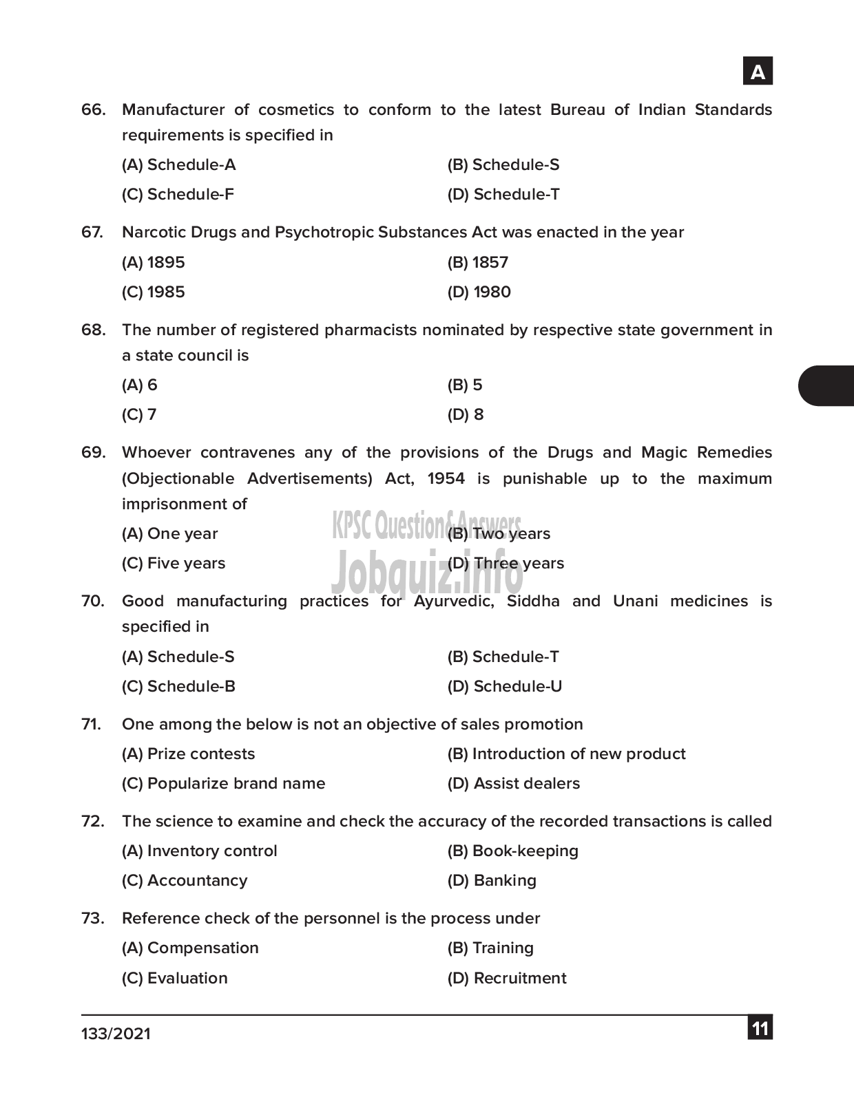 Kerala PSC Question Paper - Pharmacist cum Dresser Gr III & Pharmacist Gr II - Traco Cable Company Ltd & IMS  -11