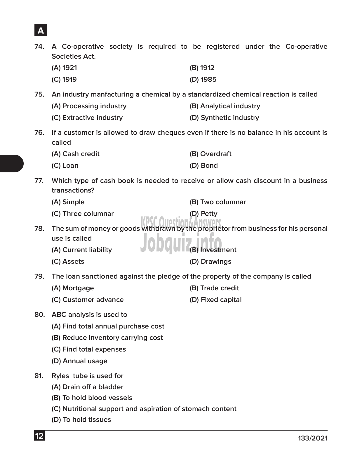 Kerala PSC Question Paper - Pharmacist cum Dresser Gr III & Pharmacist Gr II - Traco Cable Company Ltd & IMS  -12
