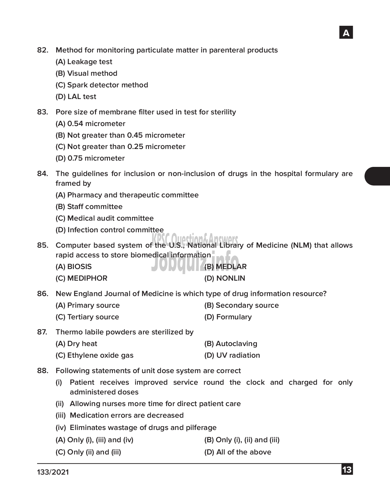 Kerala PSC Question Paper - Pharmacist cum Dresser Gr III & Pharmacist Gr II - Traco Cable Company Ltd & IMS  -13