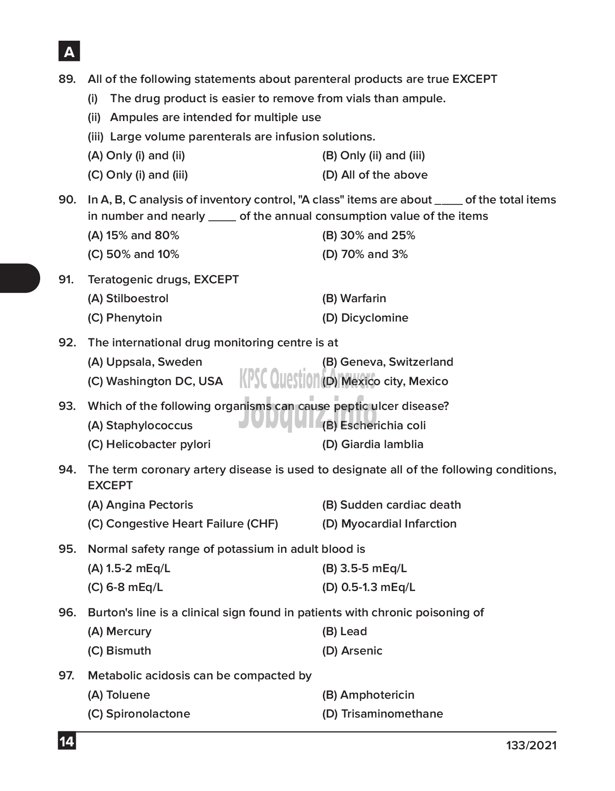 Kerala PSC Question Paper - Pharmacist cum Dresser Gr III & Pharmacist Gr II - Traco Cable Company Ltd & IMS  -14