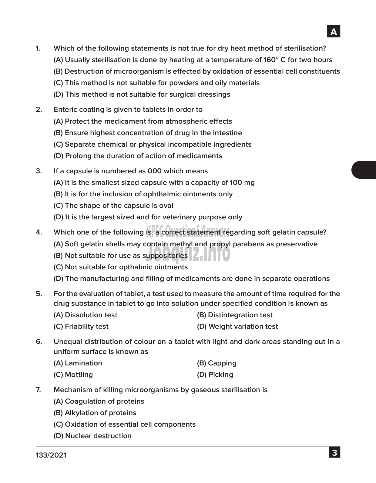 Kerala PSC Question Paper - Pharmacist cum Dresser Gr III & Pharmacist Gr II - Traco Cable Company Ltd & IMS  -3