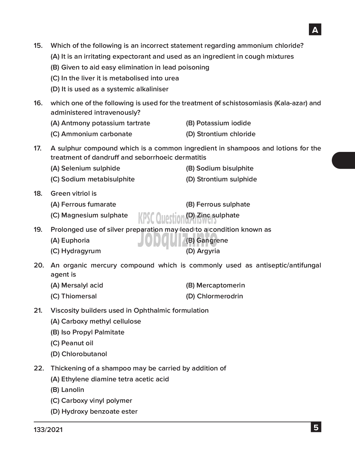 Kerala PSC Question Paper - Pharmacist cum Dresser Gr III & Pharmacist Gr II - Traco Cable Company Ltd & IMS  -5