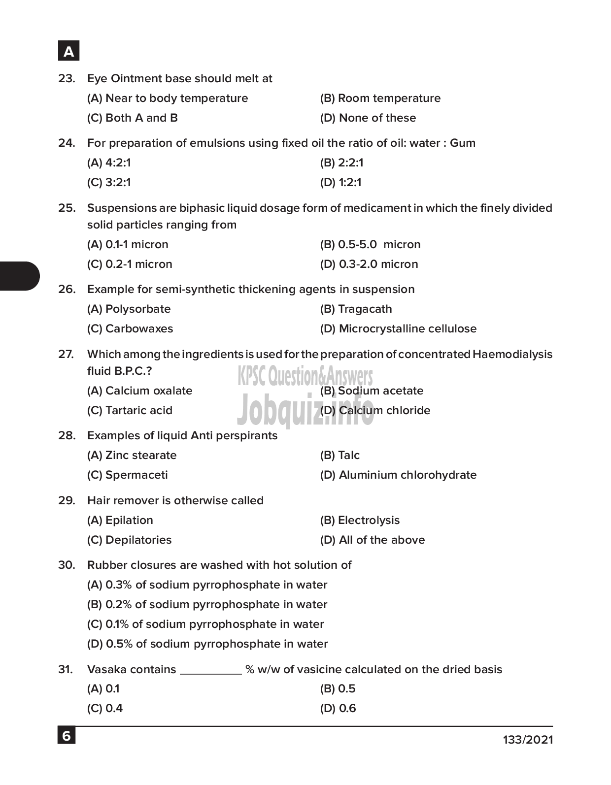 Kerala PSC Question Paper - Pharmacist cum Dresser Gr III & Pharmacist Gr II - Traco Cable Company Ltd & IMS  -6