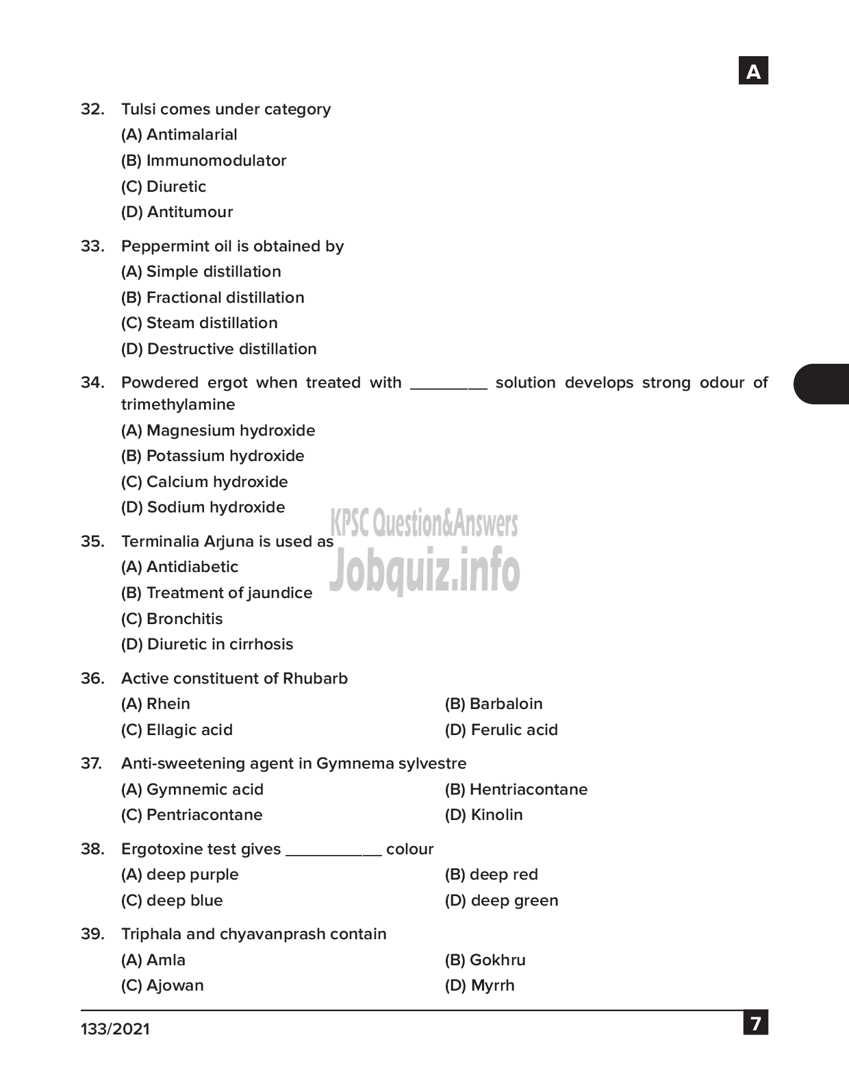 Kerala PSC Question Paper - Pharmacist cum Dresser Gr III & Pharmacist Gr II - Traco Cable Company Ltd & IMS  -7