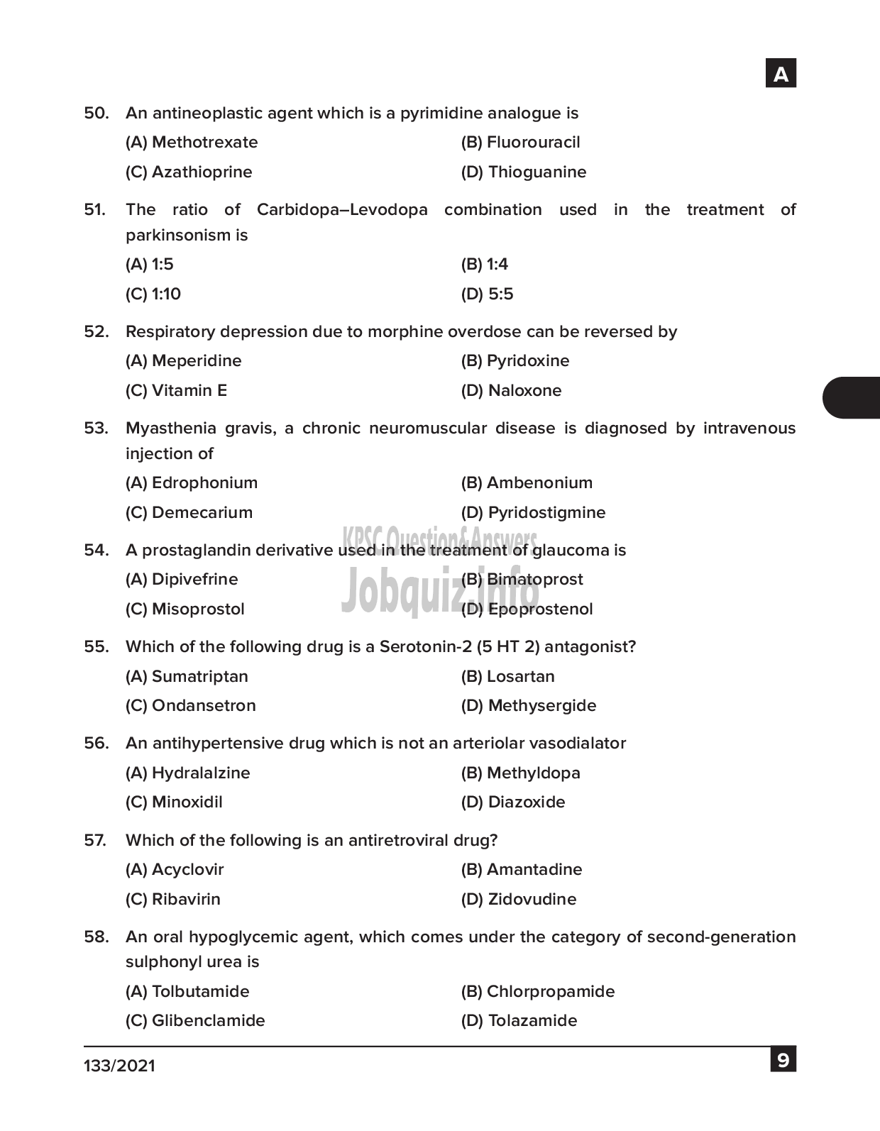 Kerala PSC Question Paper - Pharmacist cum Dresser Gr III & Pharmacist Gr II - Traco Cable Company Ltd & IMS  -9