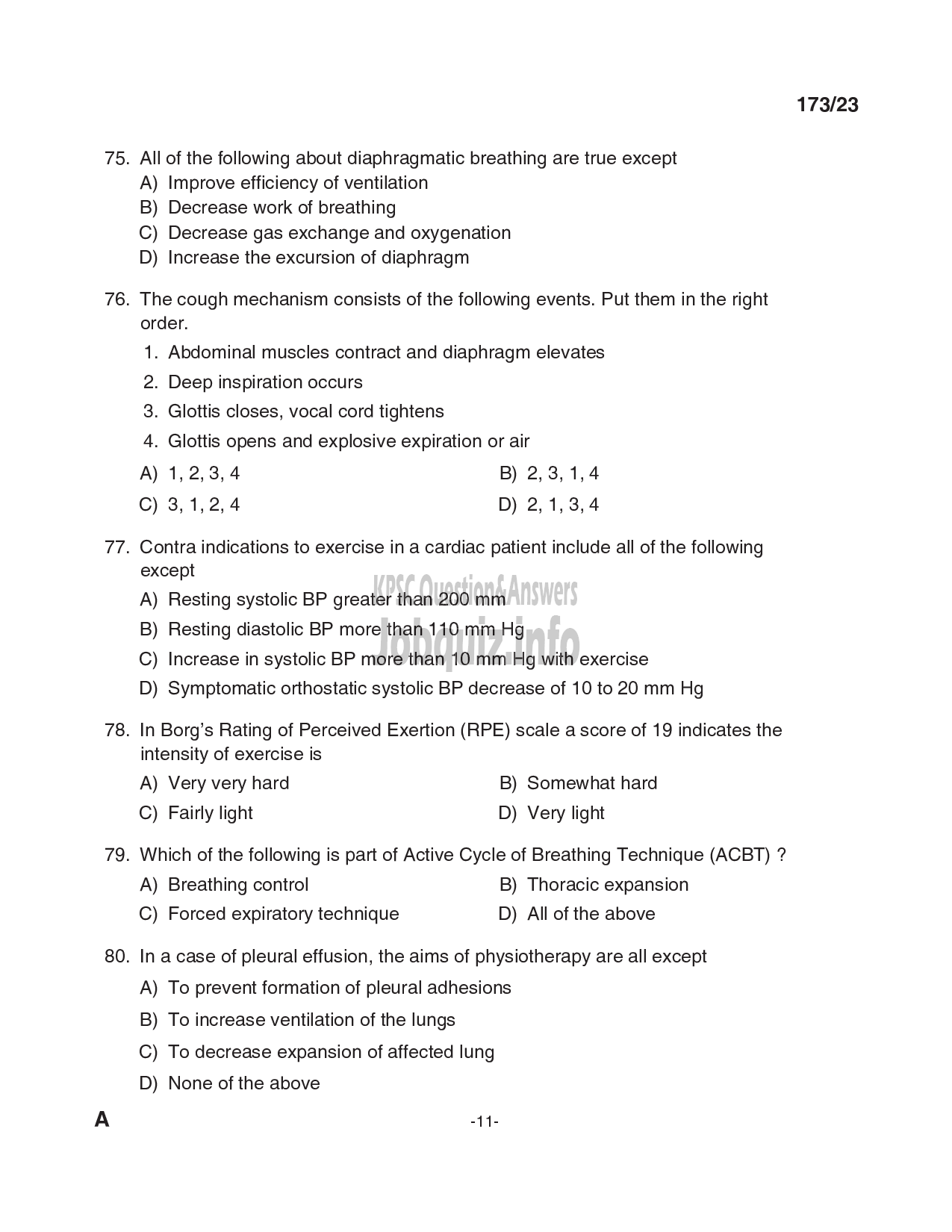 Kerala PSC Question Paper - Physiotherapist, Scientific Assistant (Physiotherapy) - Kerala Kerala Sports and Youth Affairs, Insurance Medical Services-11