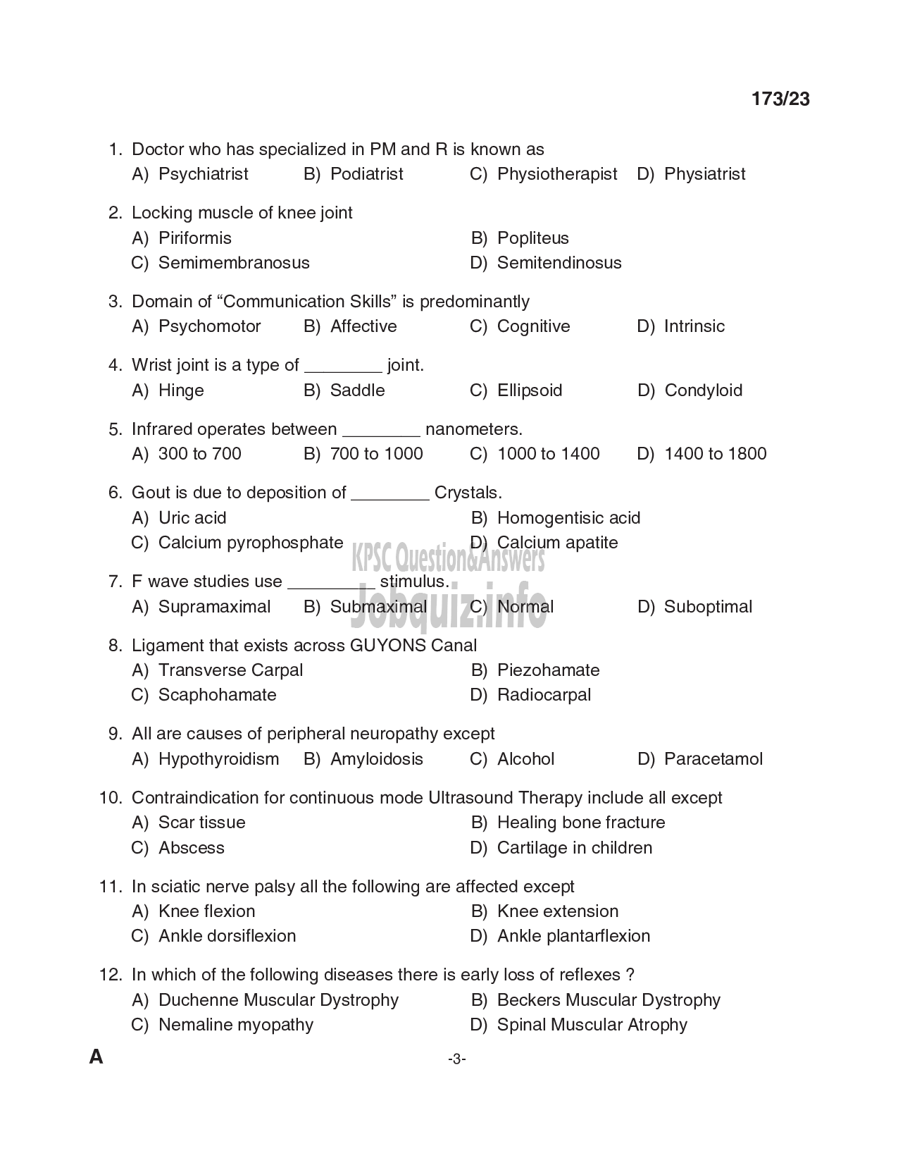 Kerala PSC Question Paper - Physiotherapist, Scientific Assistant (Physiotherapy) - Kerala Kerala Sports and Youth Affairs, Insurance Medical Services-3