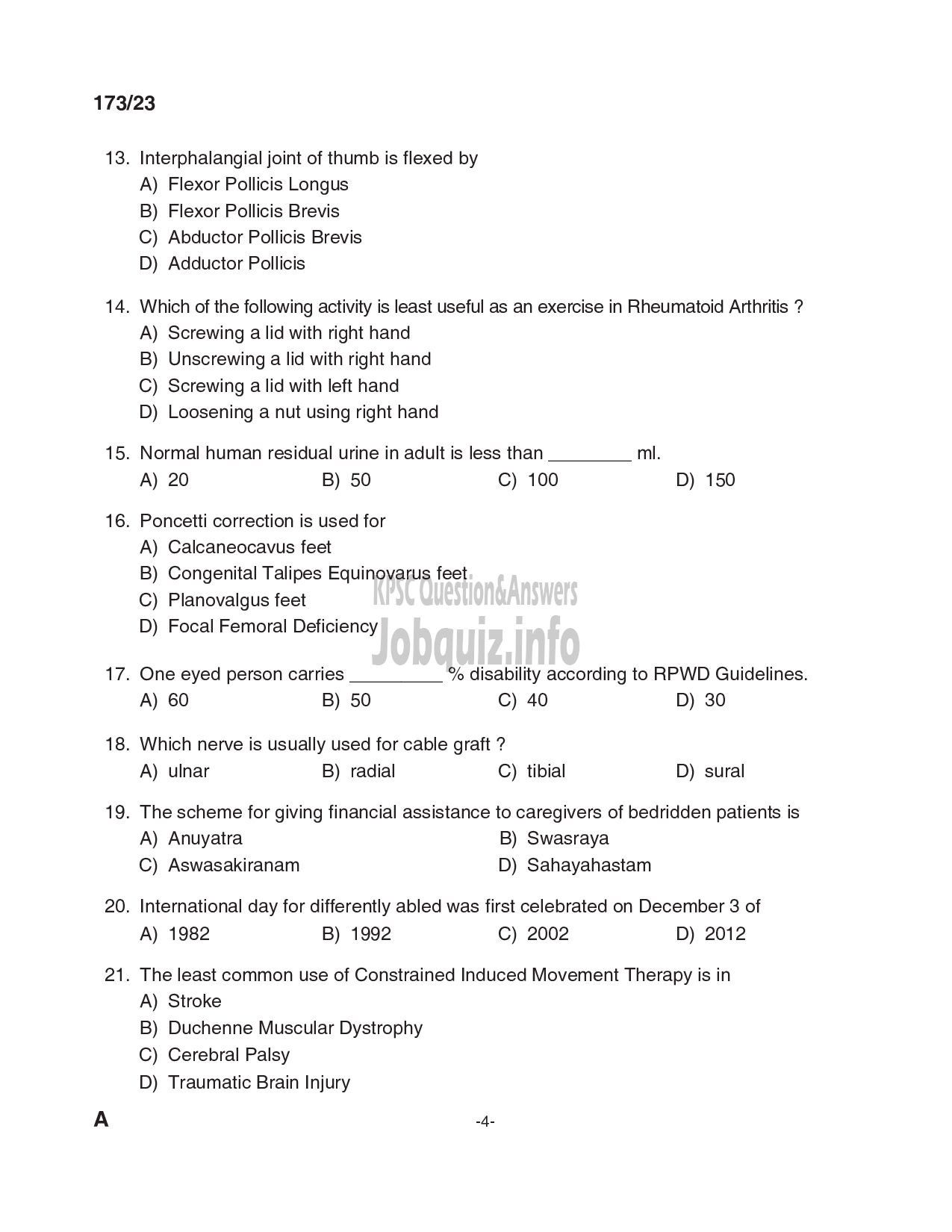 Kerala PSC Question Paper - Physiotherapist, Scientific Assistant (Physiotherapy) - Kerala Kerala Sports and Youth Affairs, Insurance Medical Services-4