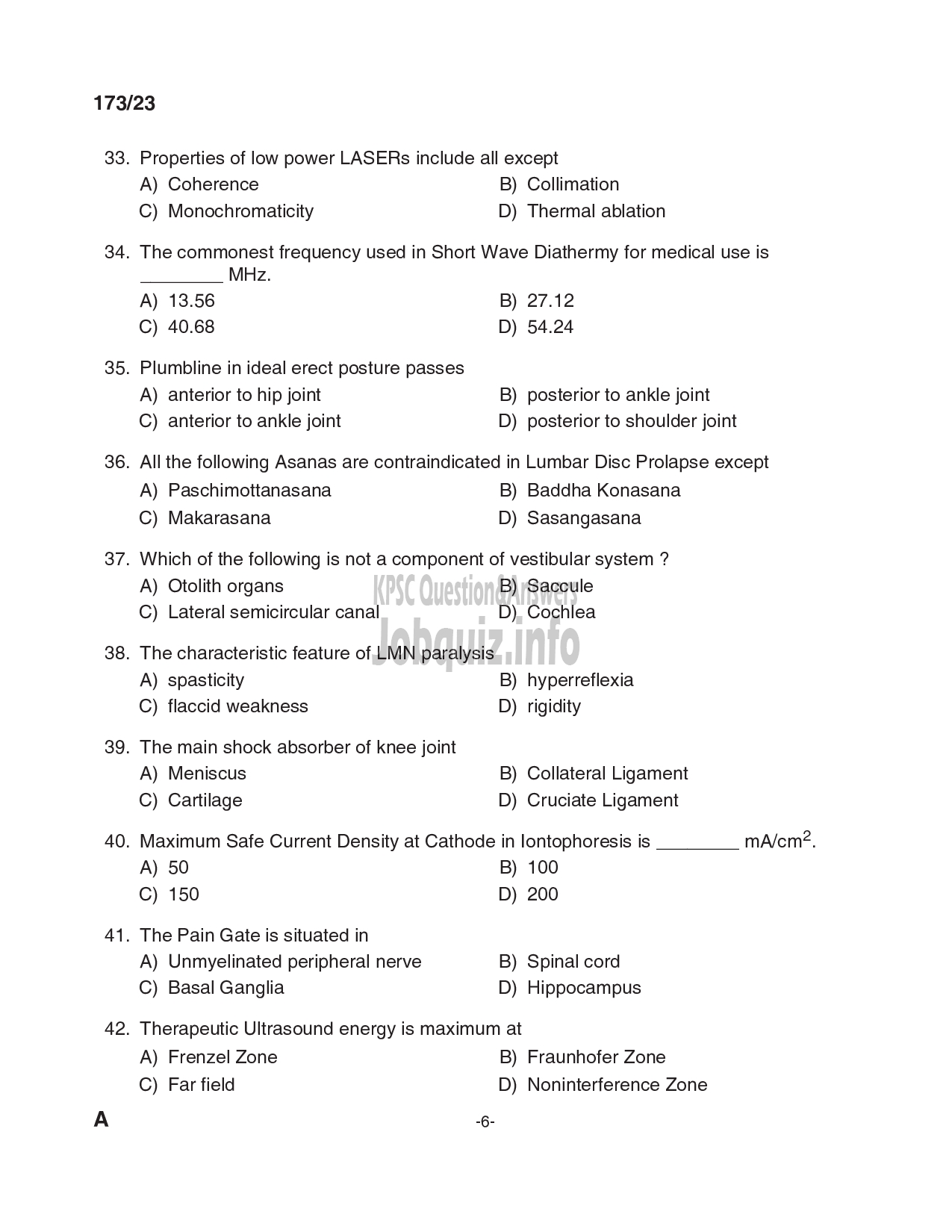 Kerala PSC Question Paper - Physiotherapist, Scientific Assistant (Physiotherapy) - Kerala Kerala Sports and Youth Affairs, Insurance Medical Services-6