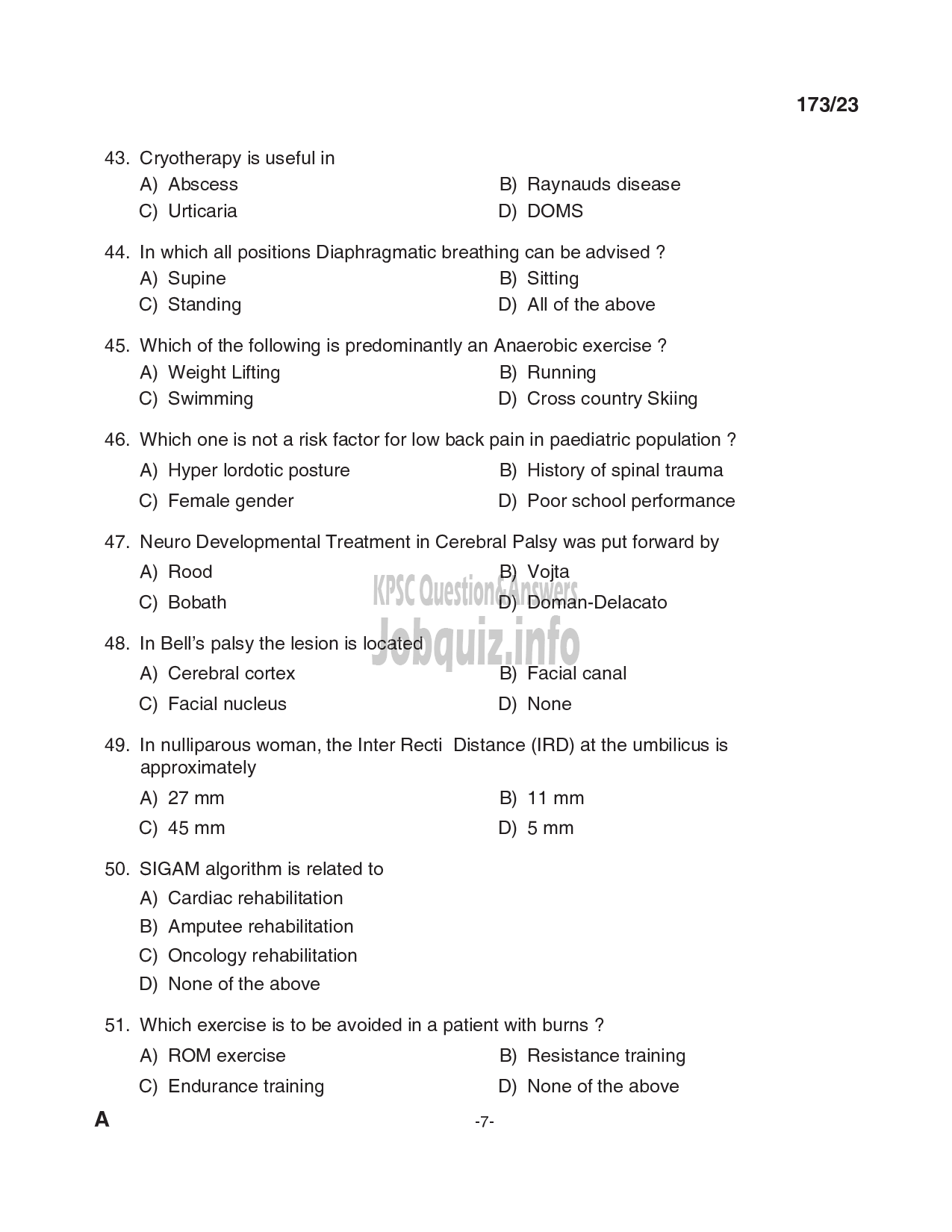 Kerala PSC Question Paper - Physiotherapist, Scientific Assistant (Physiotherapy) - Kerala Kerala Sports and Youth Affairs, Insurance Medical Services-7