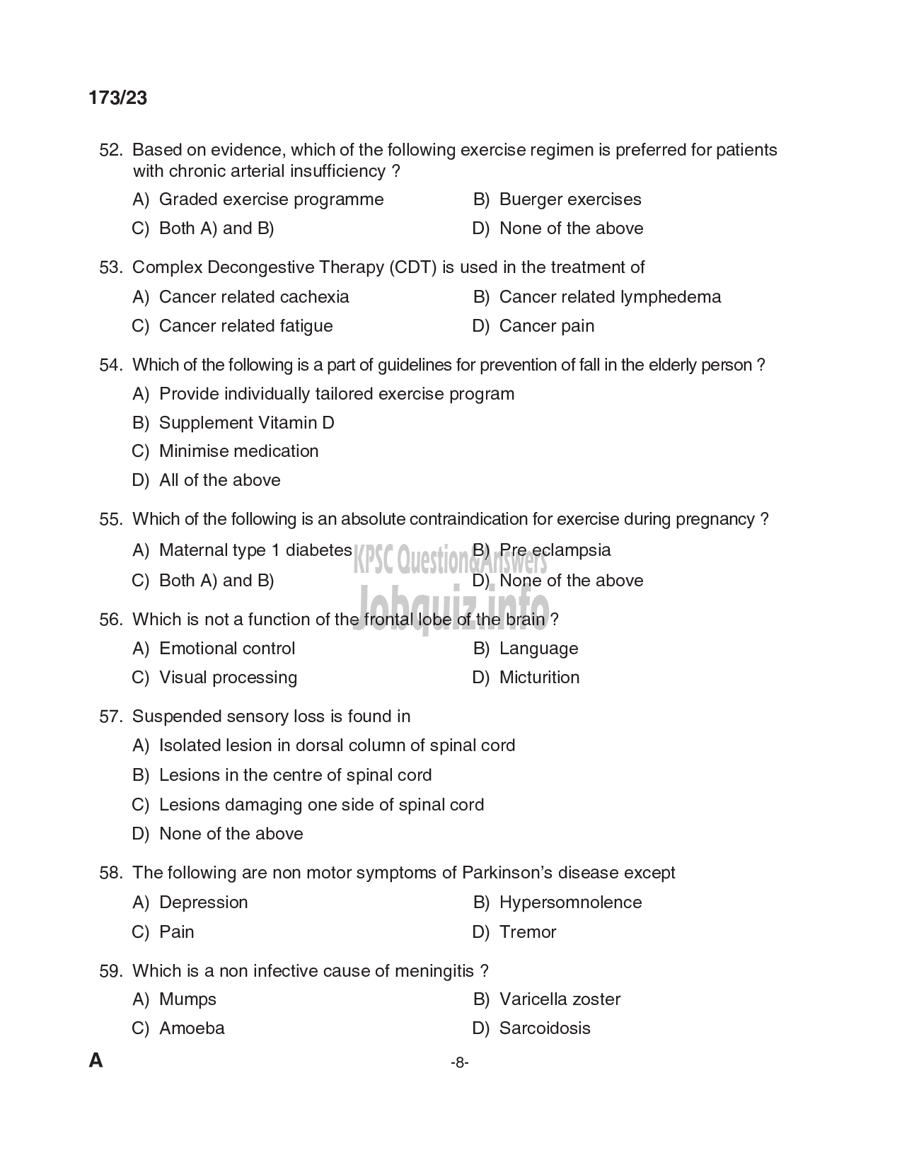 Kerala PSC Question Paper - Physiotherapist, Scientific Assistant (Physiotherapy) - Kerala Kerala Sports and Youth Affairs, Insurance Medical Services-8