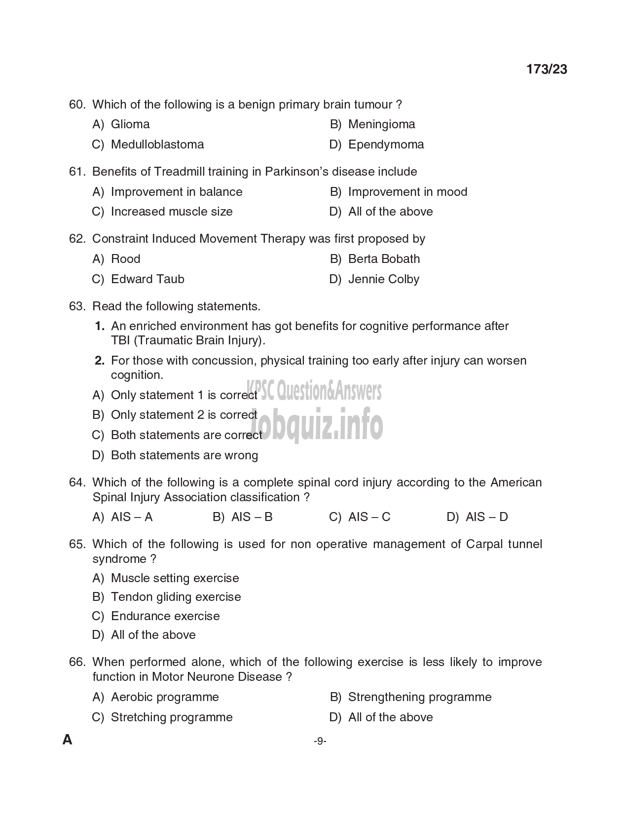 Kerala PSC Question Paper - Physiotherapist, Scientific Assistant (Physiotherapy) - Kerala Kerala Sports and Youth Affairs, Insurance Medical Services-9