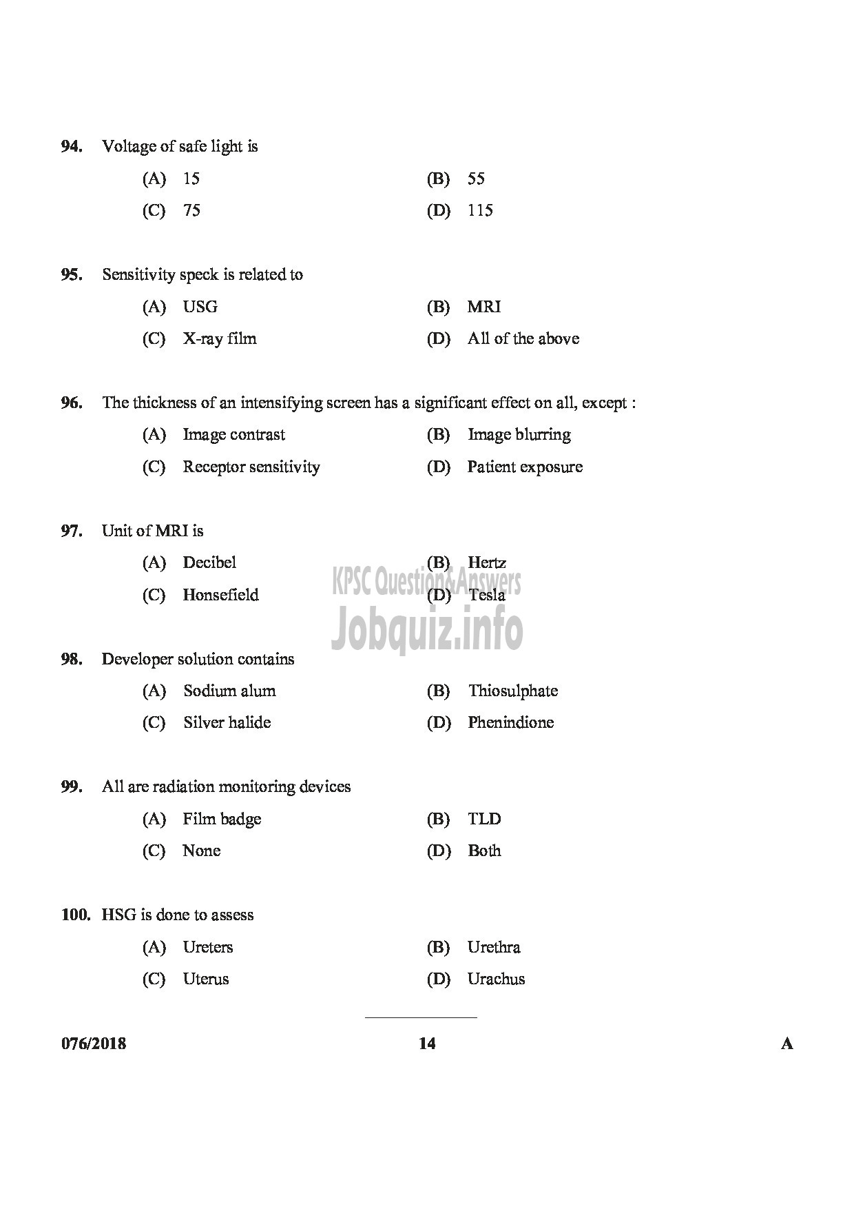 Kerala PSC Question Paper - RADIOGRAPHER GR II GOVT HOMOEOPATHIC MEDICAL COLLEGE-14