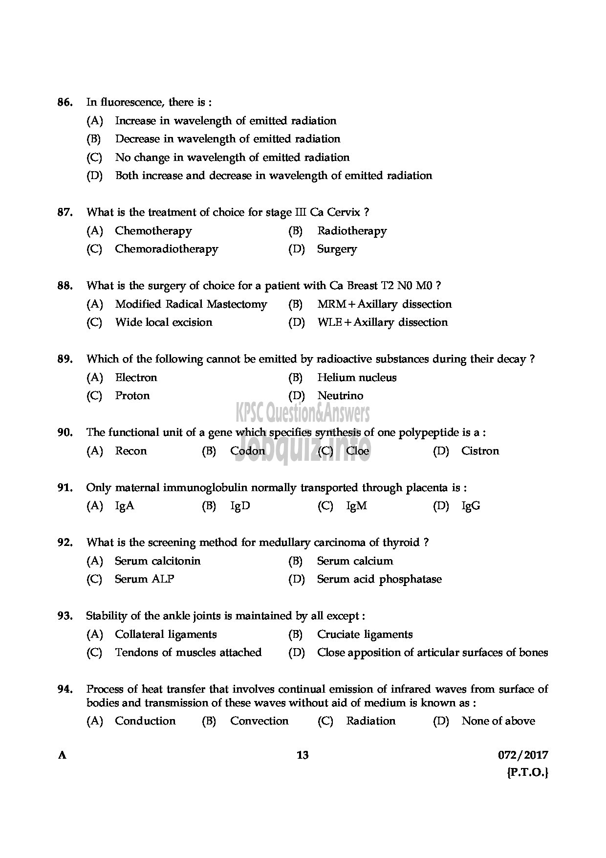 Kerala PSC Question Paper - RADIOGRAPHER GR.II HEALTH SERVICES QUESTION PAPER-12