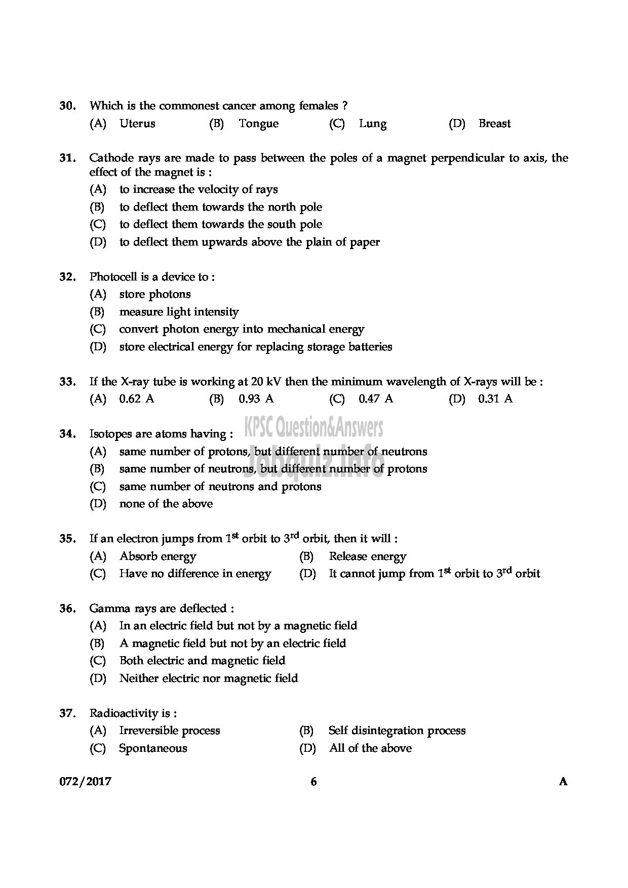 Kerala PSC Question Paper - RADIOGRAPHER GR.II HEALTH SERVICES QUESTION PAPER-5