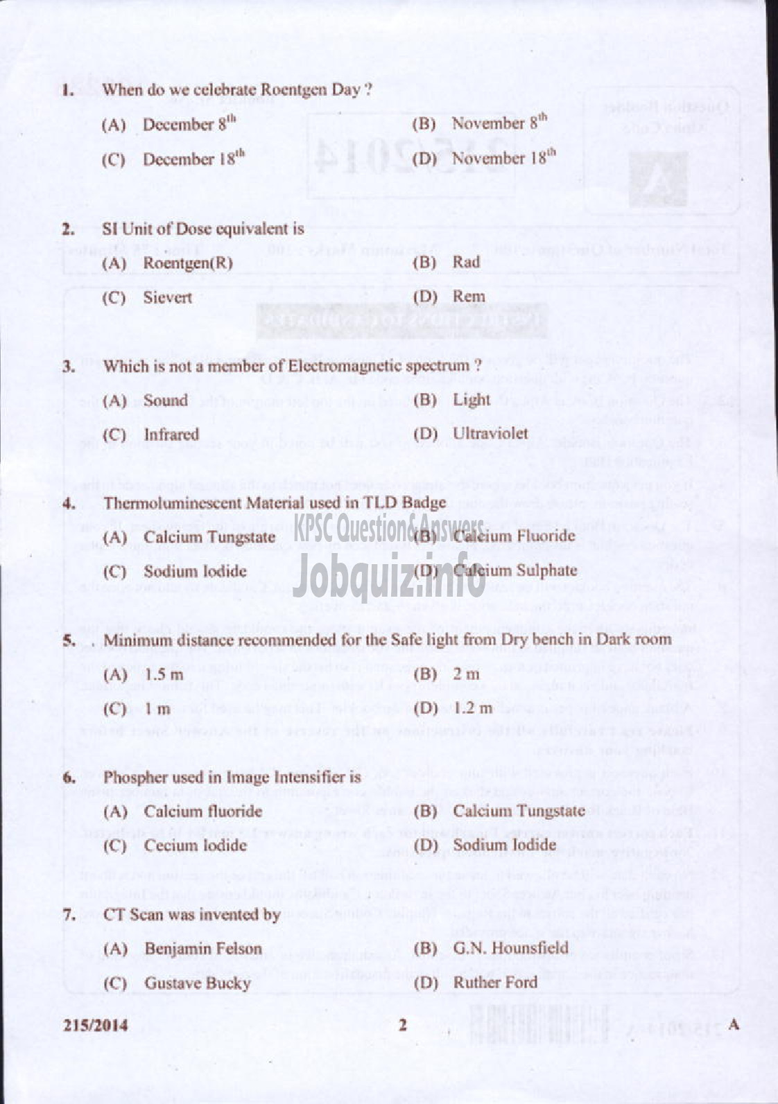 Kerala PSC Question Paper - RADIOGRAPHER GR II INSURANCE MEDICAL SERVICES-2