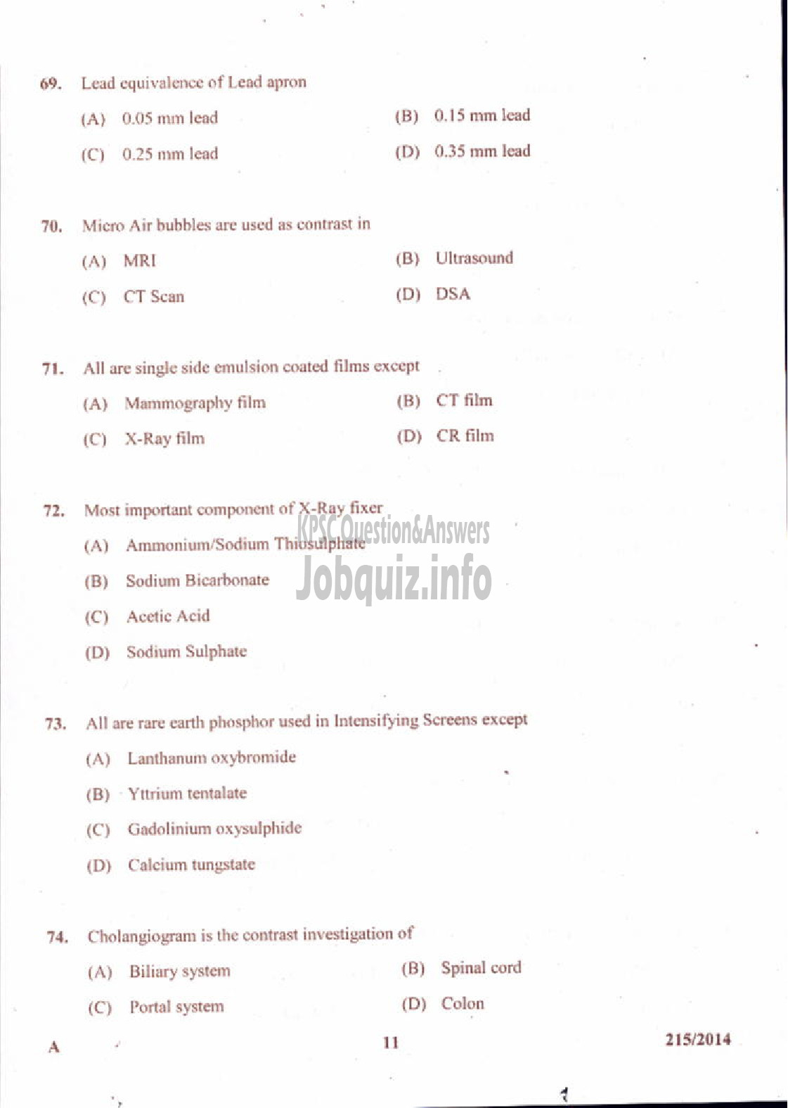 Kerala PSC Question Paper - RADIOGRAPHER GR II INSURANCE MEDICAL SERVICES-11