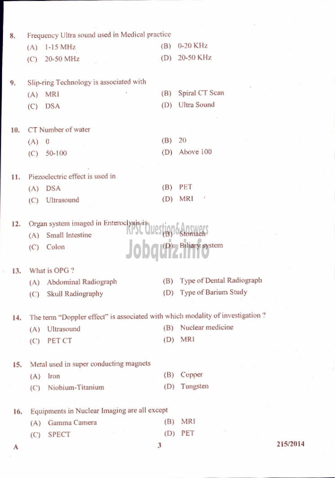 Kerala PSC Question Paper - RADIOGRAPHER GR II INSURANCE MEDICAL SERVICES-3