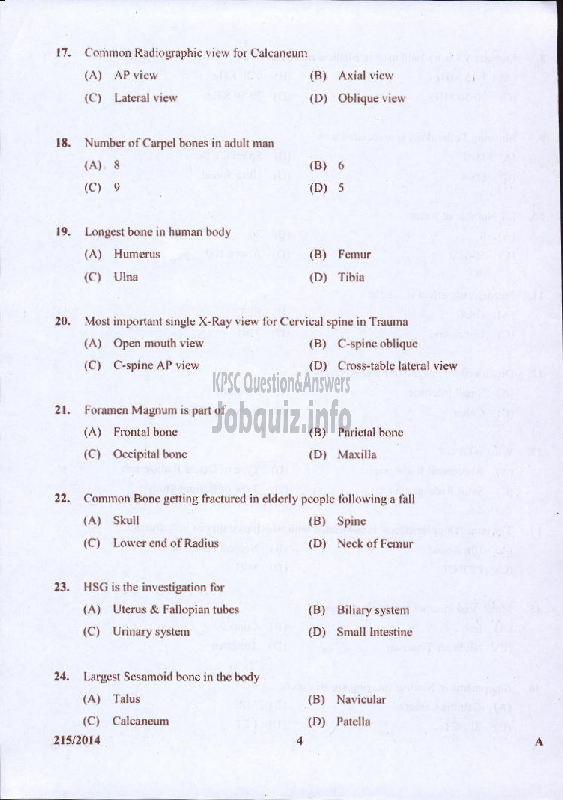 Kerala PSC Question Paper - RADIOGRAPHER GR II INSURANCE MEDICAL SERVICES-4