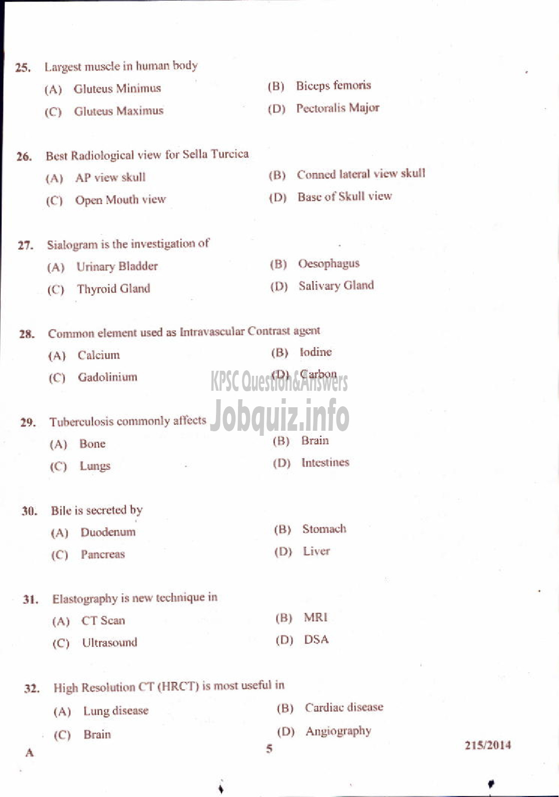 Kerala PSC Question Paper - RADIOGRAPHER GR II INSURANCE MEDICAL SERVICES-5