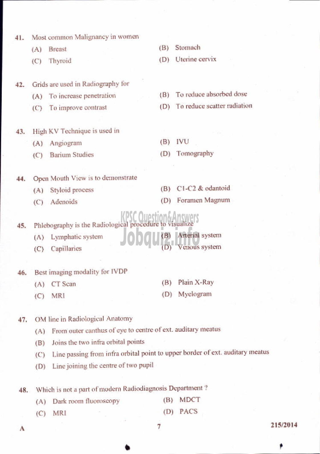 Kerala PSC Question Paper - RADIOGRAPHER GR II INSURANCE MEDICAL SERVICES-7