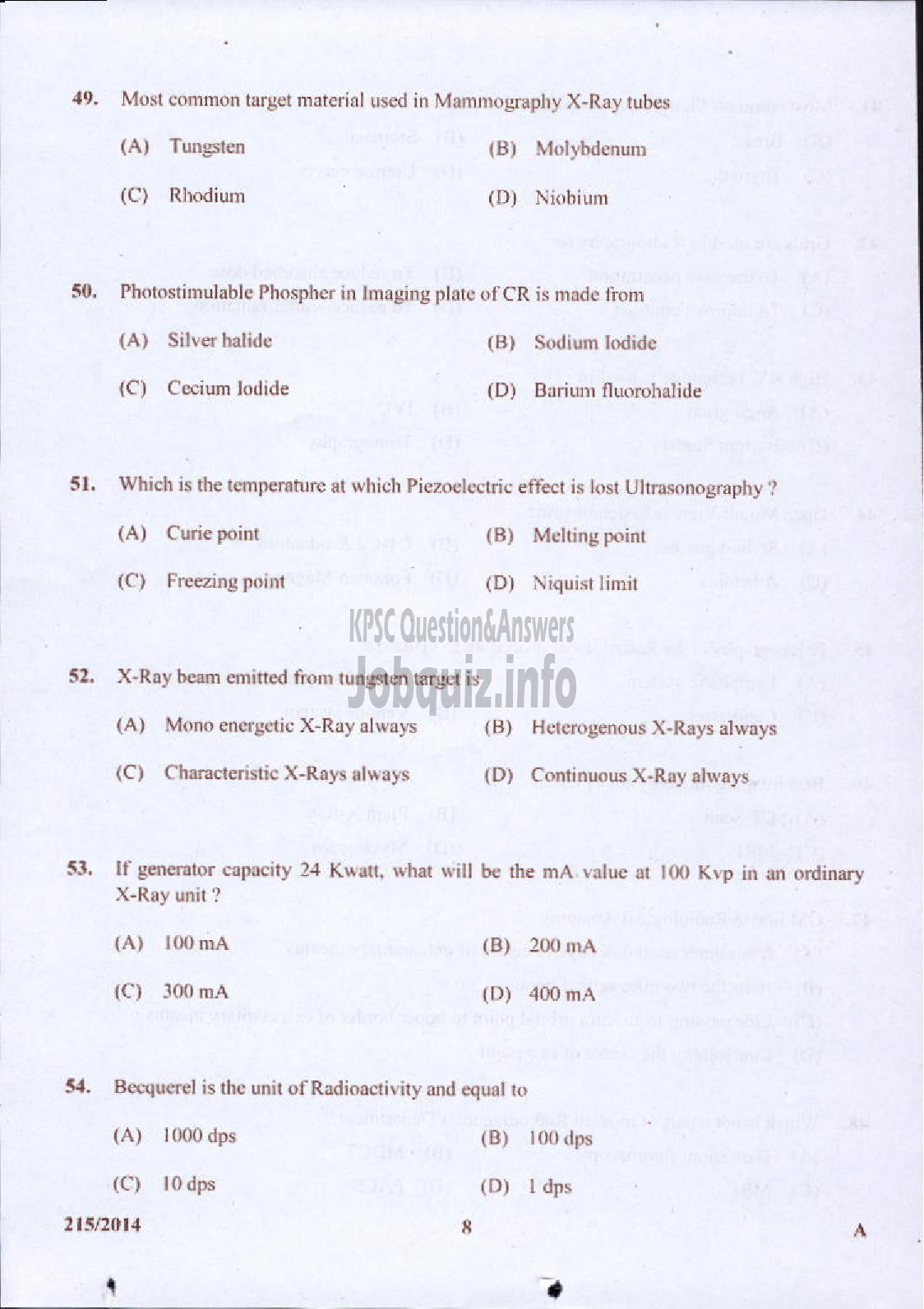 Kerala PSC Question Paper - RADIOGRAPHER GR II INSURANCE MEDICAL SERVICES-8