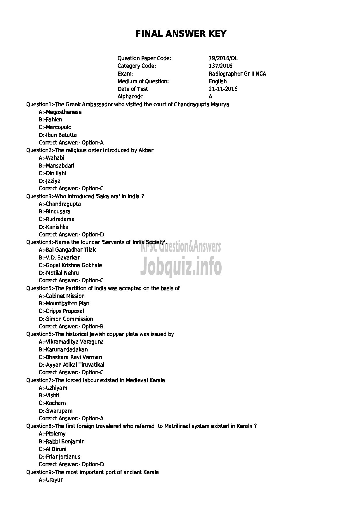 Kerala PSC Question Paper - RADIO GRAPHER GR II NCA OX HEALTH SERVICES-1