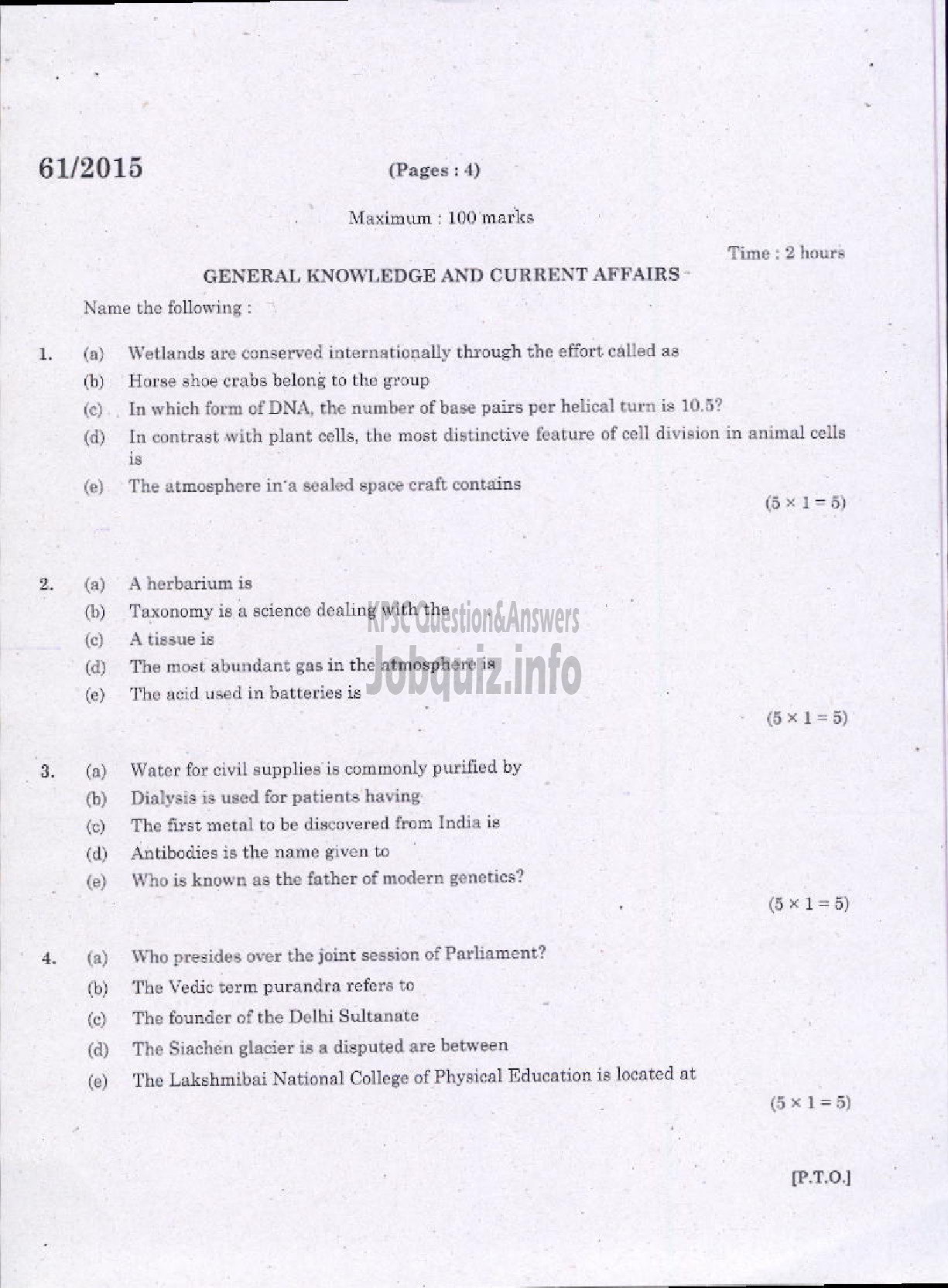 Kerala PSC Question Paper - RANGE FOREST OFFICER FOREST / COMPULSORY SUBJECTS I GENERAL KNOWLEDGE-1