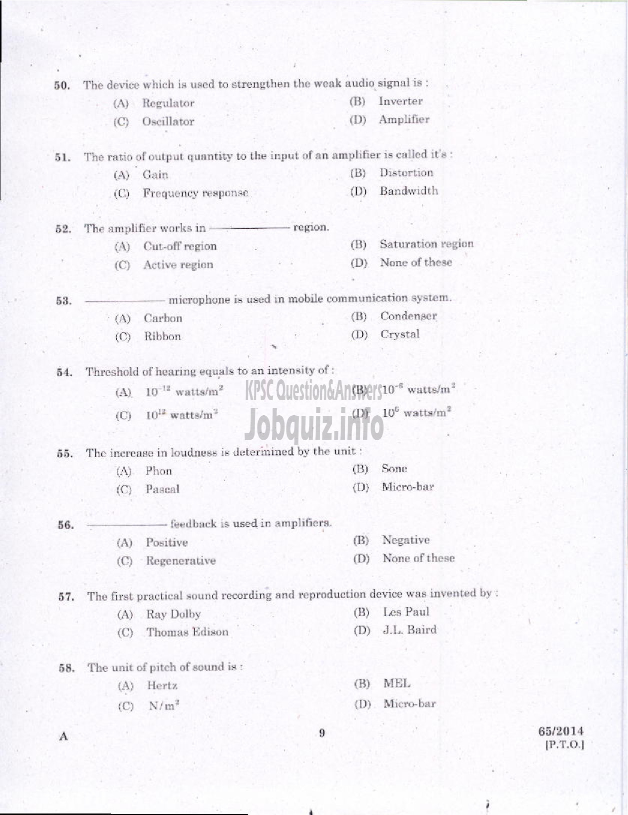 Kerala PSC Question Paper - RECORDING ASSISTANT KERALA STATE FILM DEVELOPMENT CORPORATION LTD-7