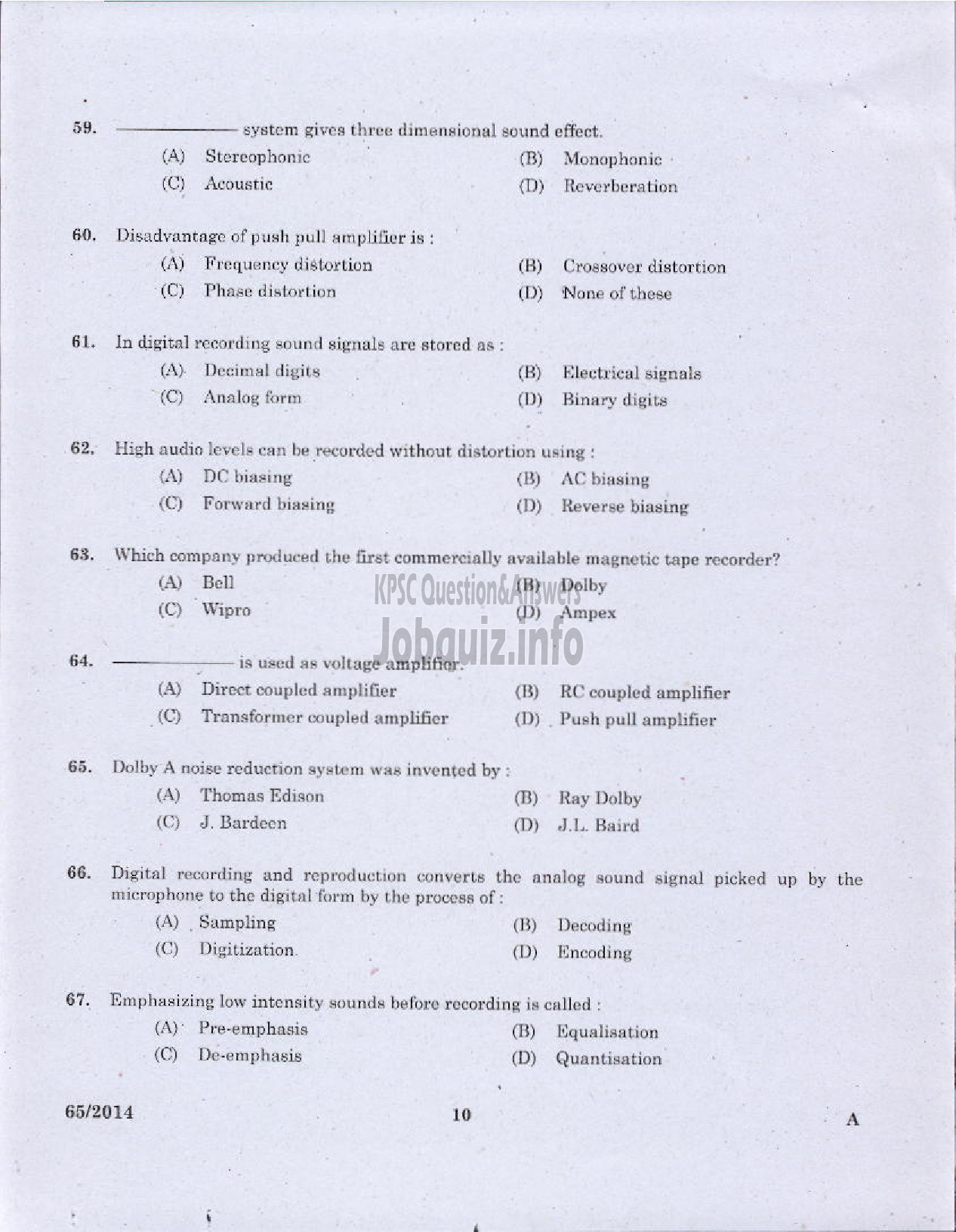 Kerala PSC Question Paper - RECORDING ASSISTANT KERALA STATE FILM DEVELOPMENT CORPORATION LTD-8