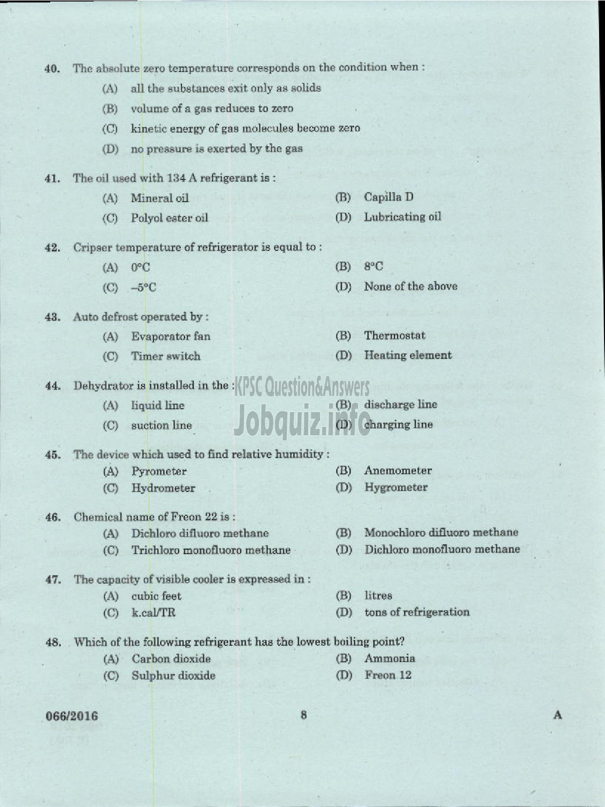 Kerala PSC Question Paper - REFRIGERATION MECHANIC UIP HEALTH SERVICES-6