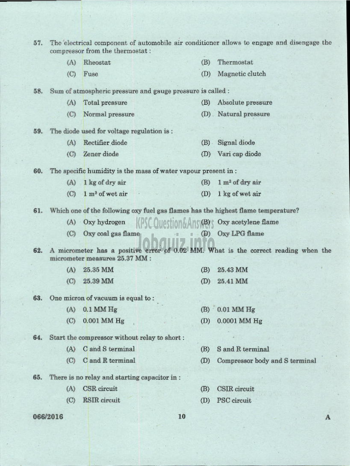 Kerala PSC Question Paper - REFRIGERATION MECHANIC UIP HEALTH SERVICES-8