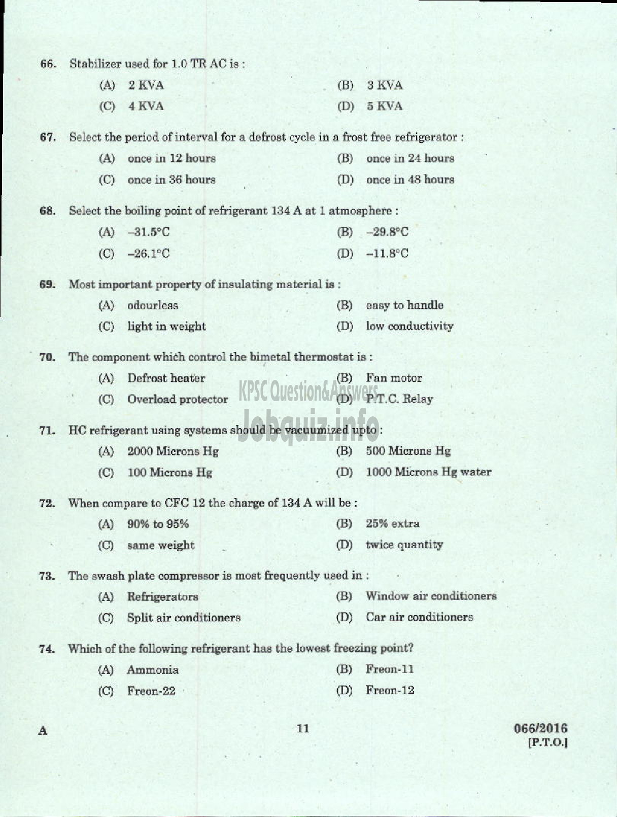 Kerala PSC Question Paper - REFRIGERATION MECHANIC UIP HEALTH SERVICES-9