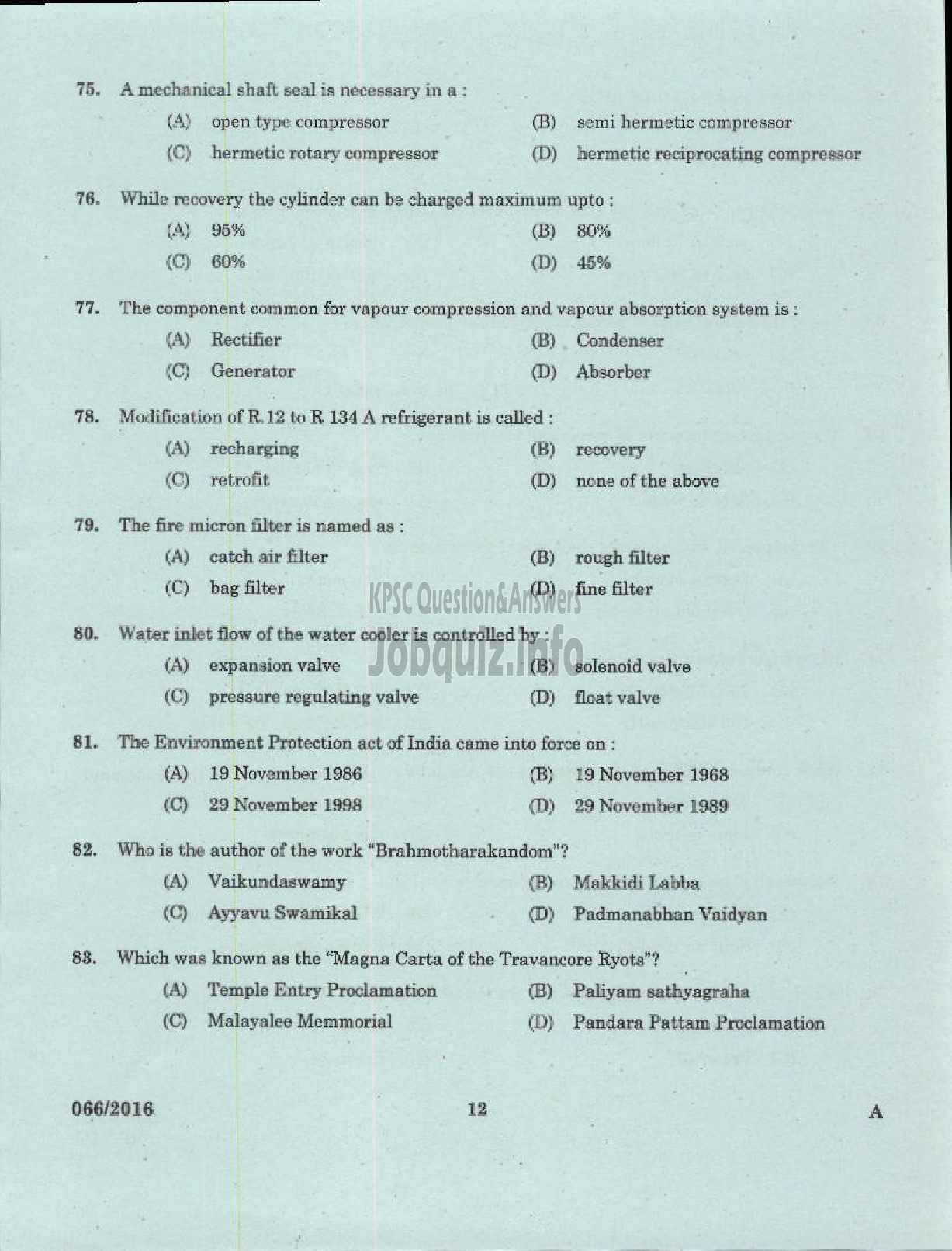Kerala PSC Question Paper - REFRIGERATION MECHANIC UIP HEALTH SERVICES-10