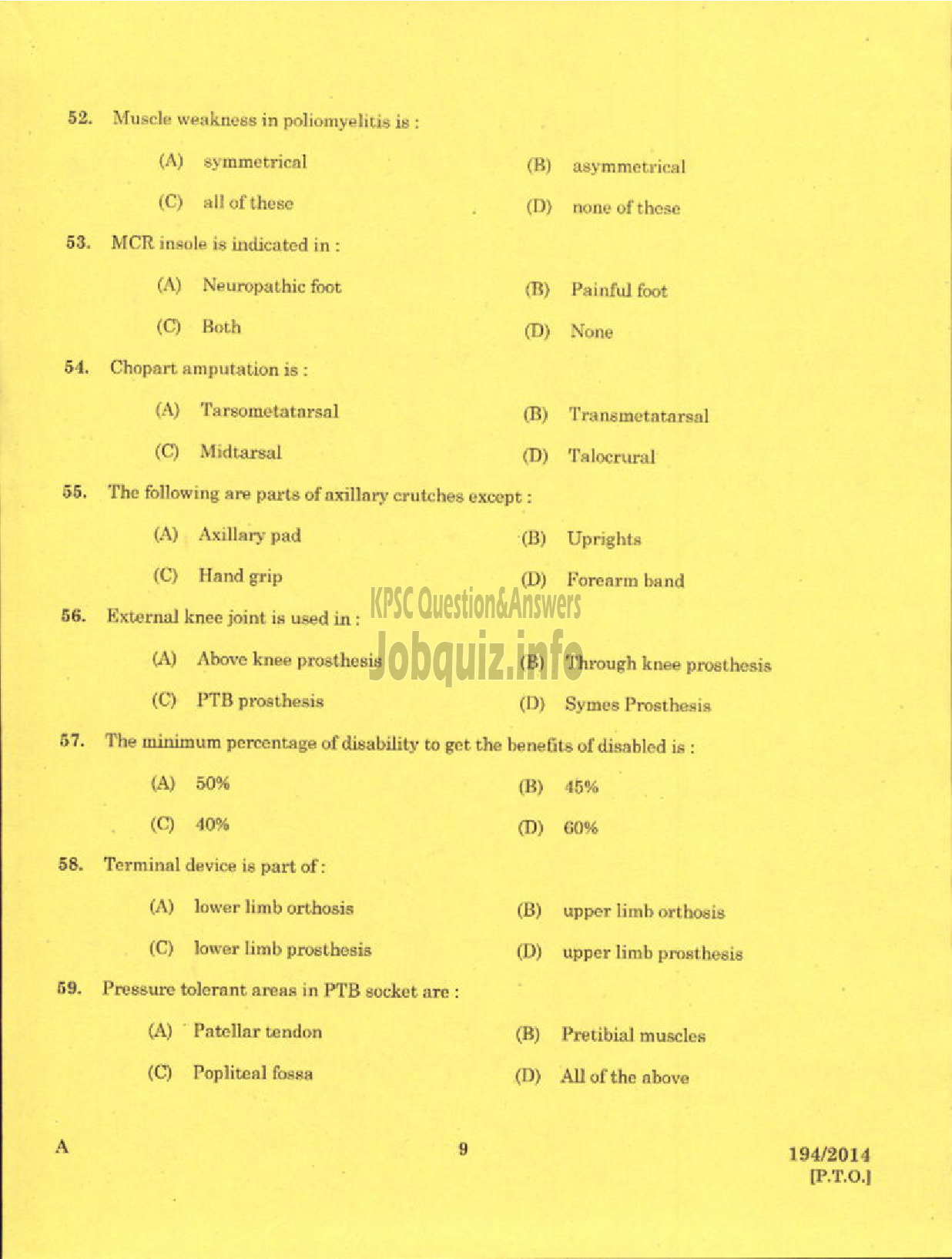 Kerala PSC Question Paper - REHABILITATION TECHNICIAN GR II LEATHER WORKS MEDICAL EDUCATION-7